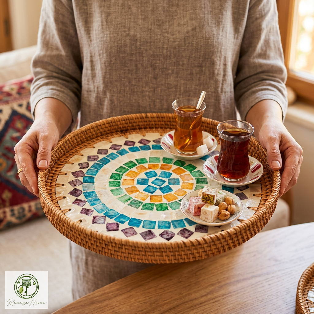 Tunus El Yapımı Rattan Tepsi – Doğal Hasır Sunum Tepsisi, Bohem Dekoratif Servis Tepsisi