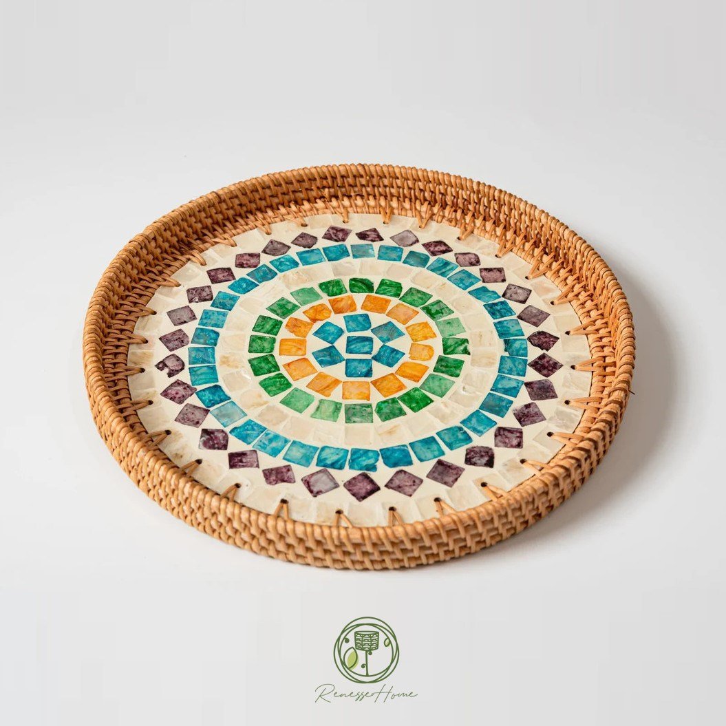 Tunus El Yapımı Sedef Mozaik Rattan Tepsi 30 cm – Doğal Rattan Dekoratif Servis Tepsisi, Bohem Ev Dekorasyonu ve Kahve Sunum Tepsisi