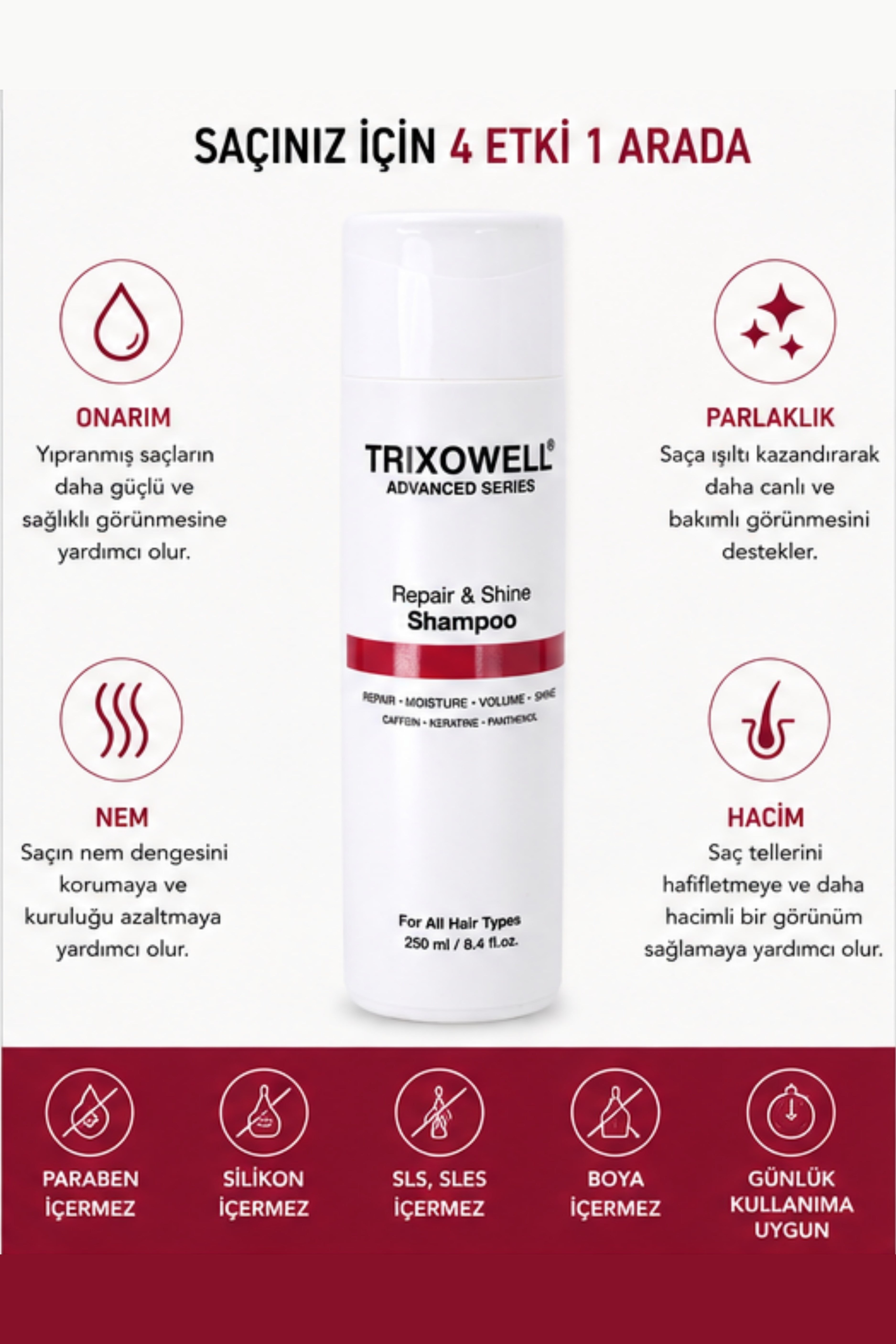 Trixowell Advanced Series Repair & Shine Shampoo Kafein, Keratin ve Panthenol İçeren Onarıcı, Nemlendirici ve Hacim Veren Şampuan 250 ml
