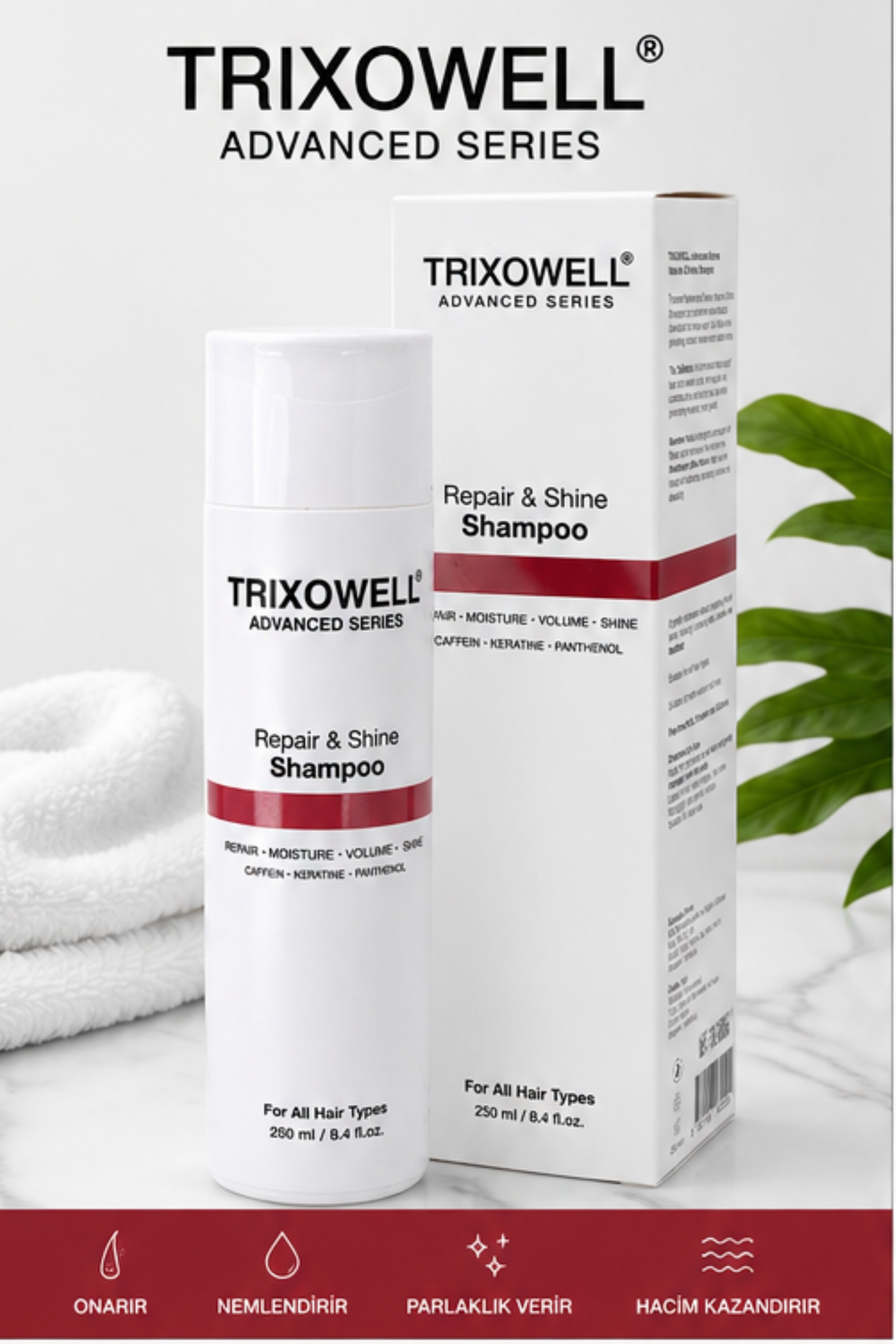 Trixowell Advanced Series Repair & Shine Shampoo Kafein, Keratin ve Panthenol İçeren Onarıcı, Nemlendirici ve Hacim Veren Şampuan 250 ml