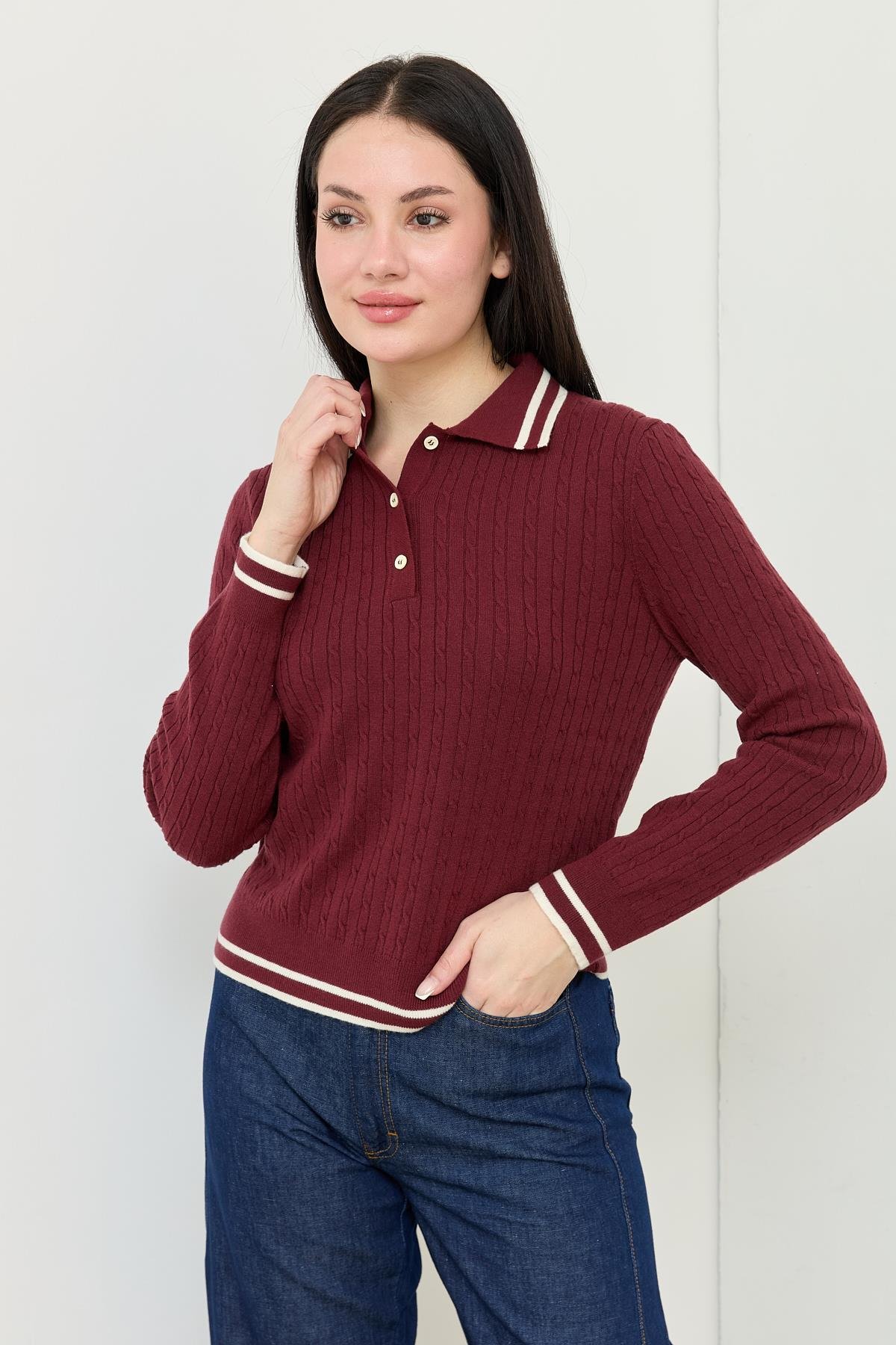 10707 POLO YAKA CIZGILI YUMUSAK DOKULU DUGMELI TRIKO KAZAK