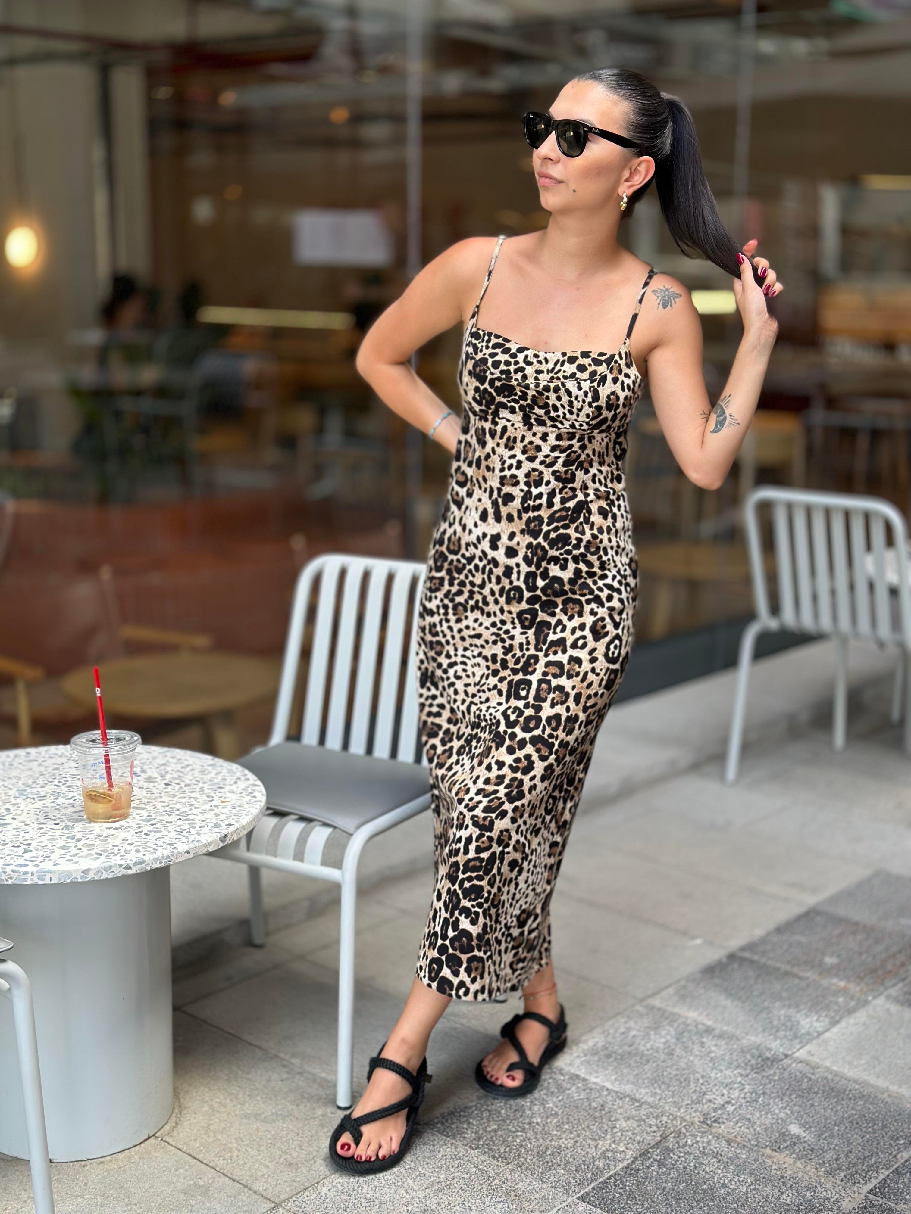 16394 LEOPAR DESEN BAGCIKLI ELBISE