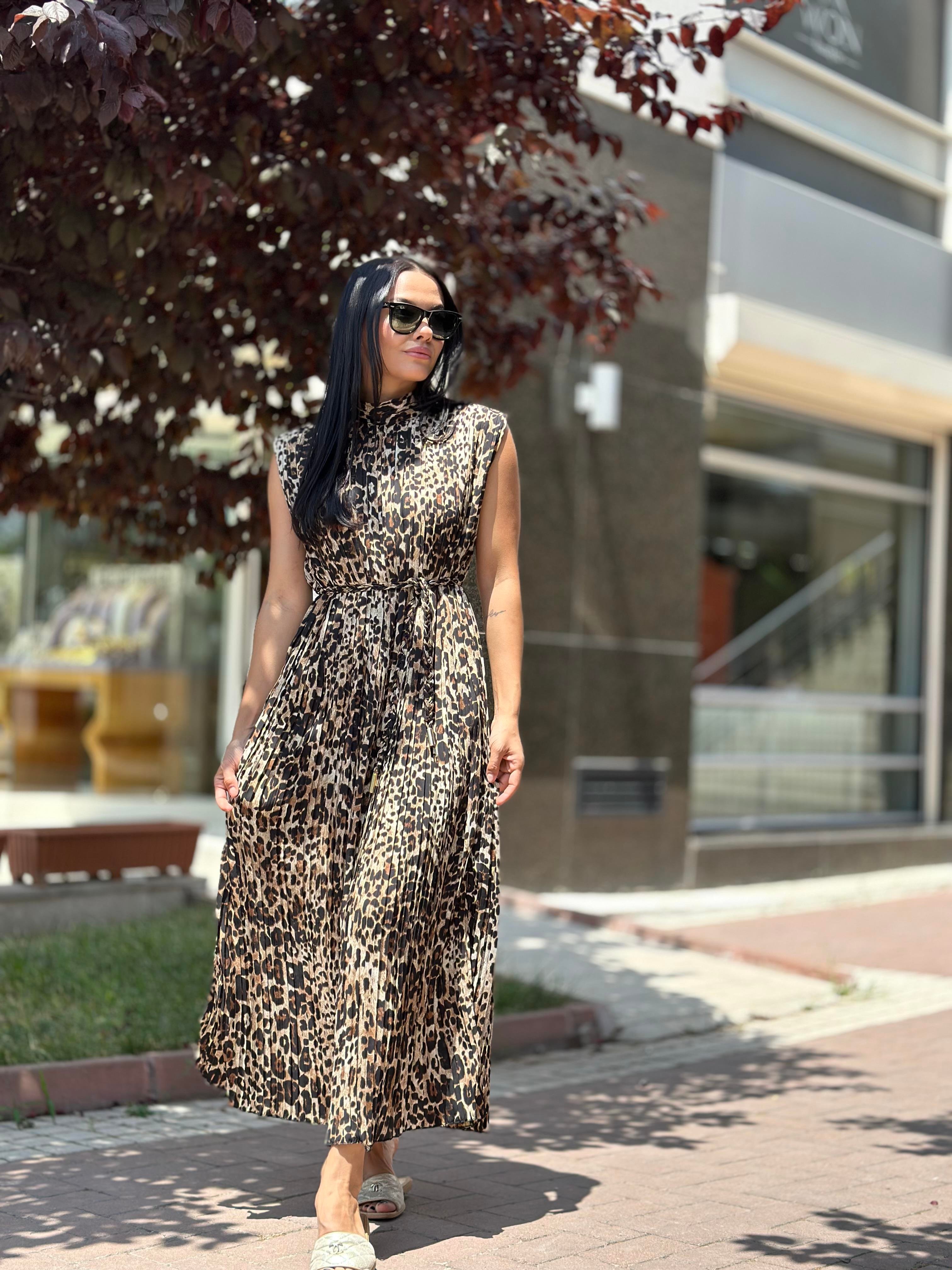 16441 LEOPAR DESEN PLISELI ELBISE