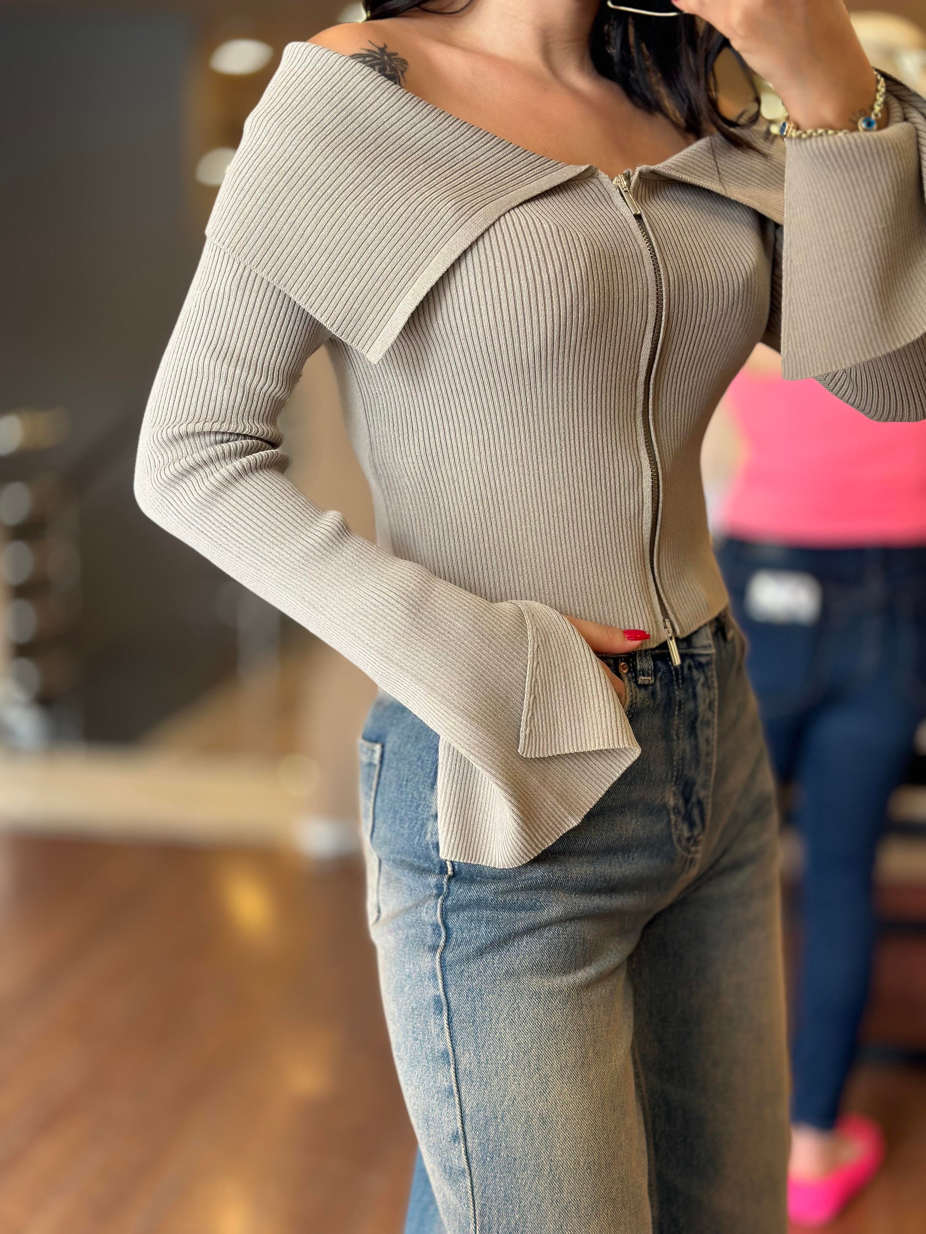 60252 BARDOT YAKA KOL YIRTMACLI FERMUARLI TRIKO HIRKA