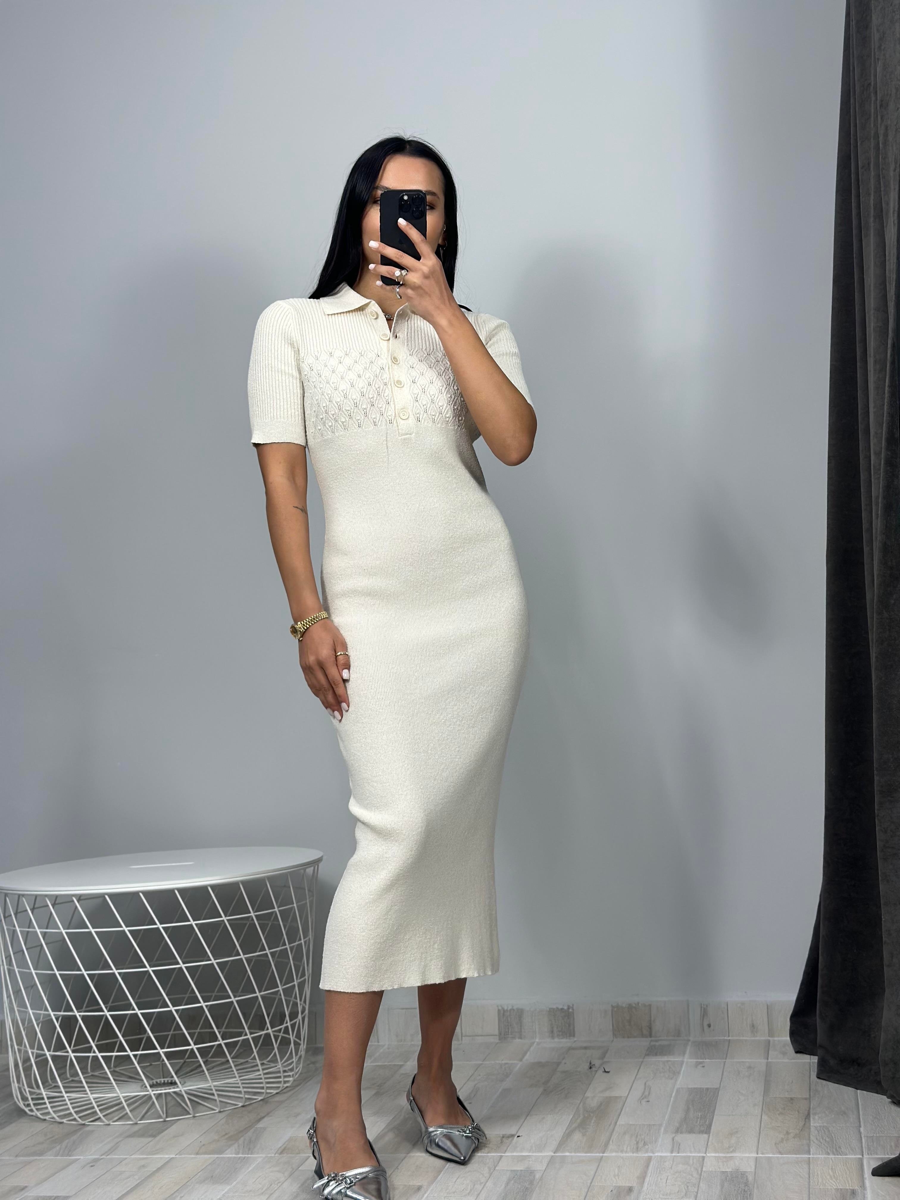 90188 Polo Yaka Fitilli Düğmeli Triko Elbise