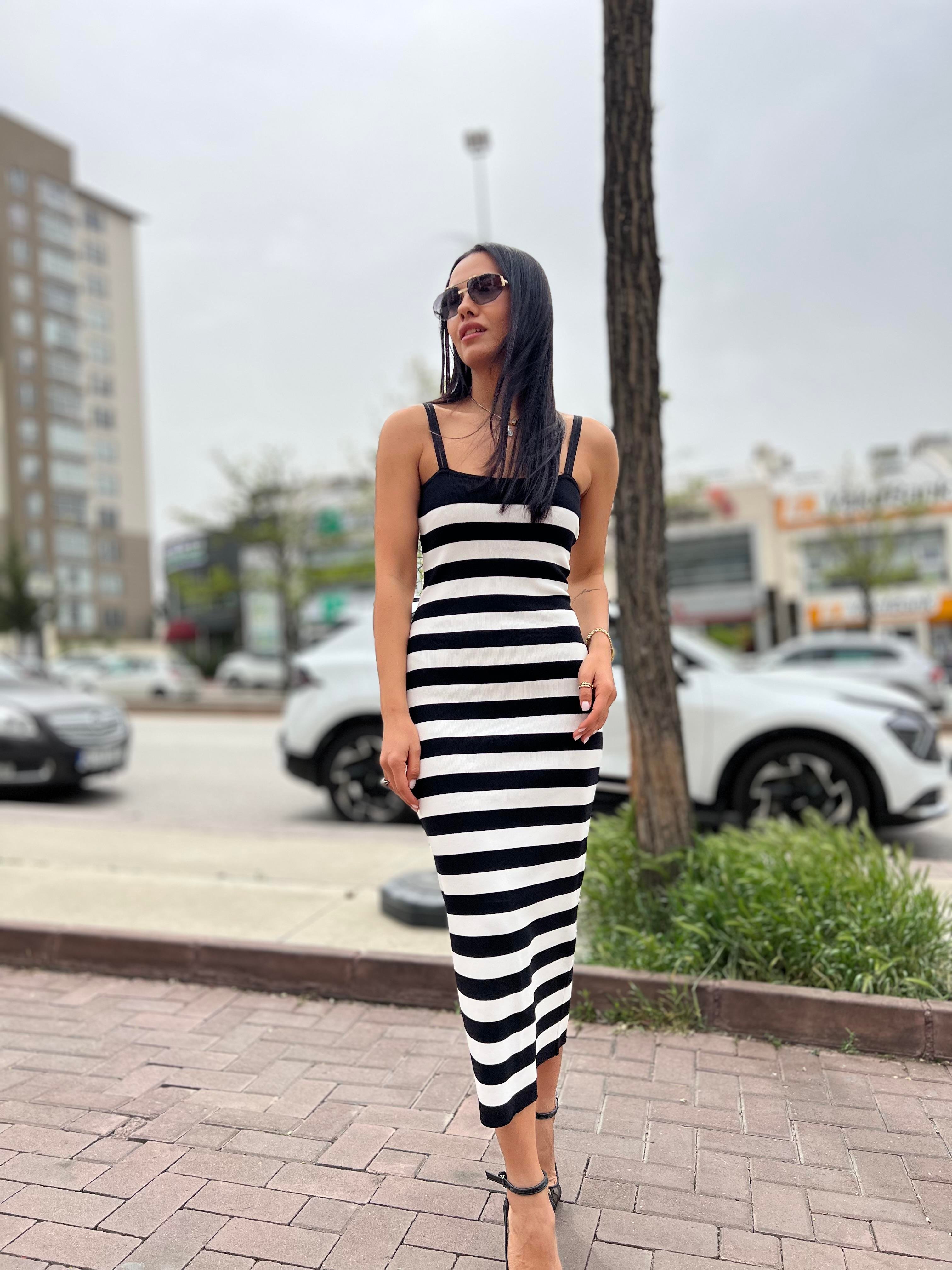 90205 ASKILI CIZGILI TRIKO ELBISE