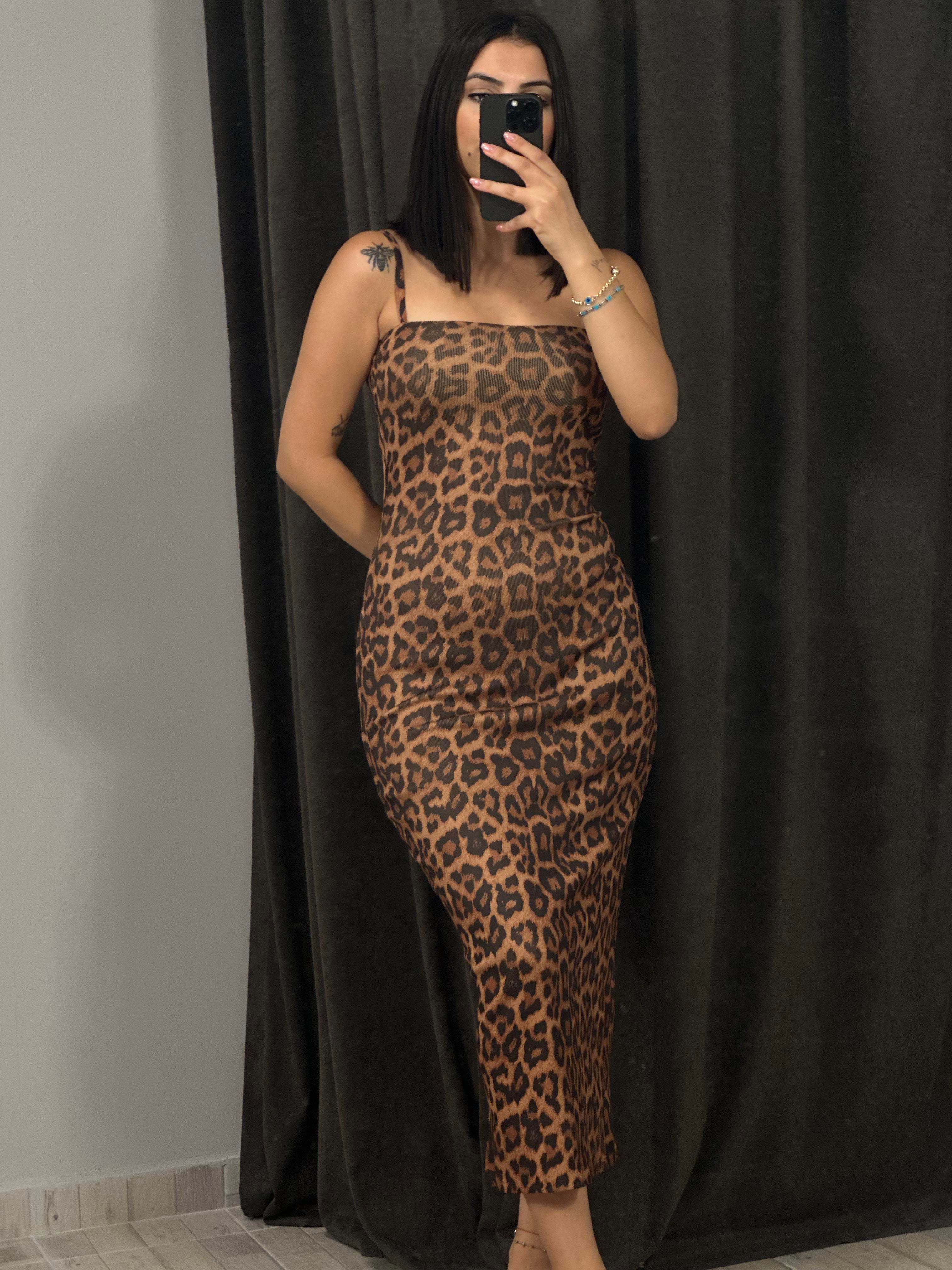 90229 ASKILI LEOPAR BASKILI TRIKO ELBISE