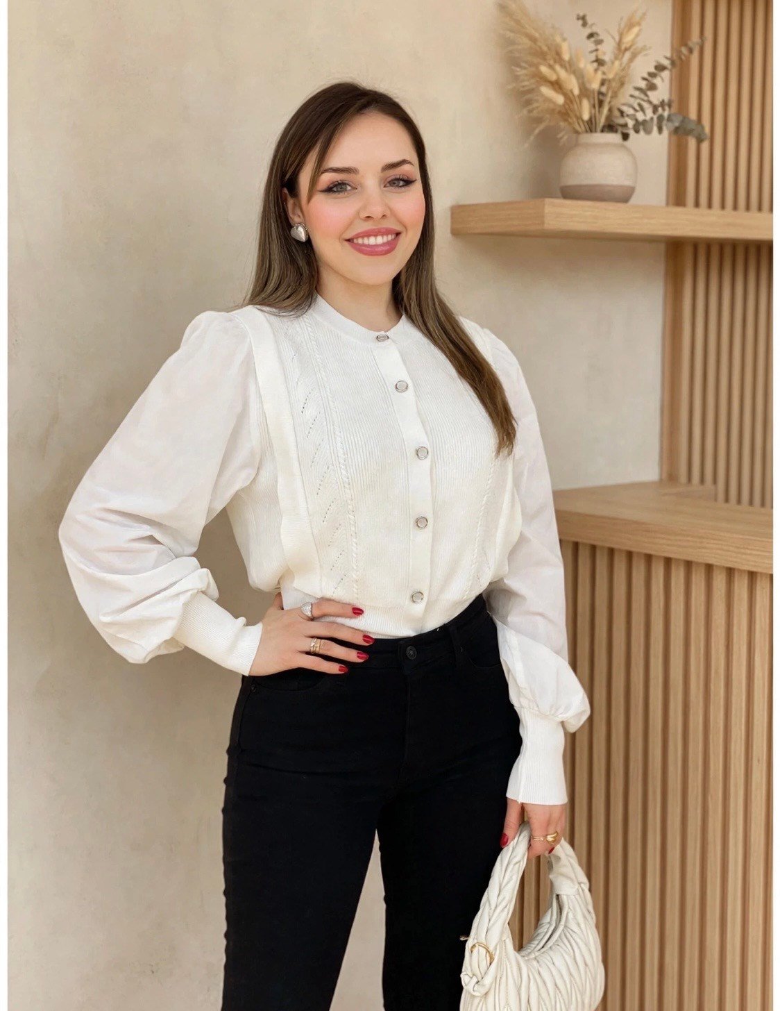  Beyaz Sedef Düğmeli Kolları Poplin Elit Triko Hırka 