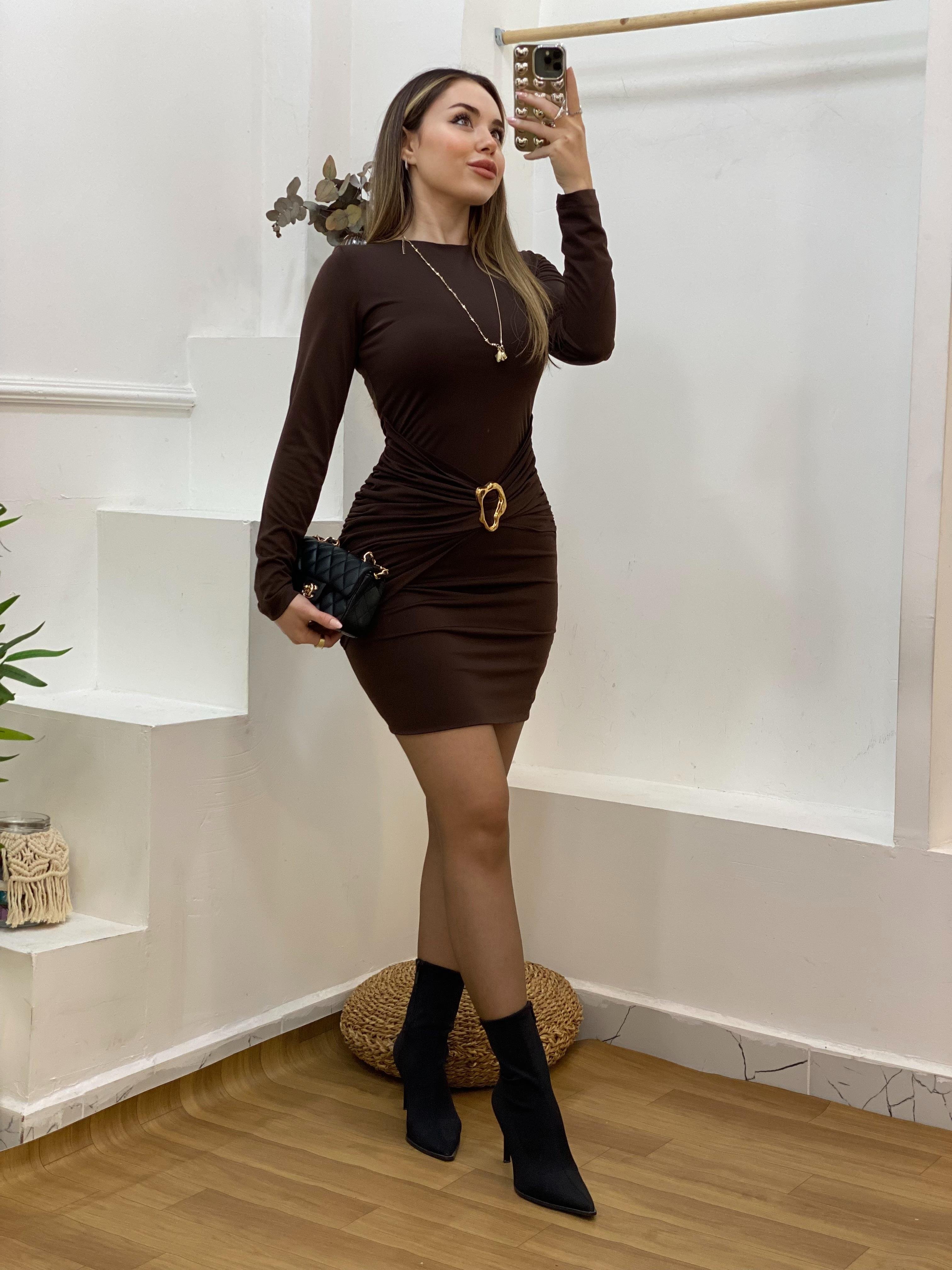  Kahve Gold Broş Detaylı Elbise