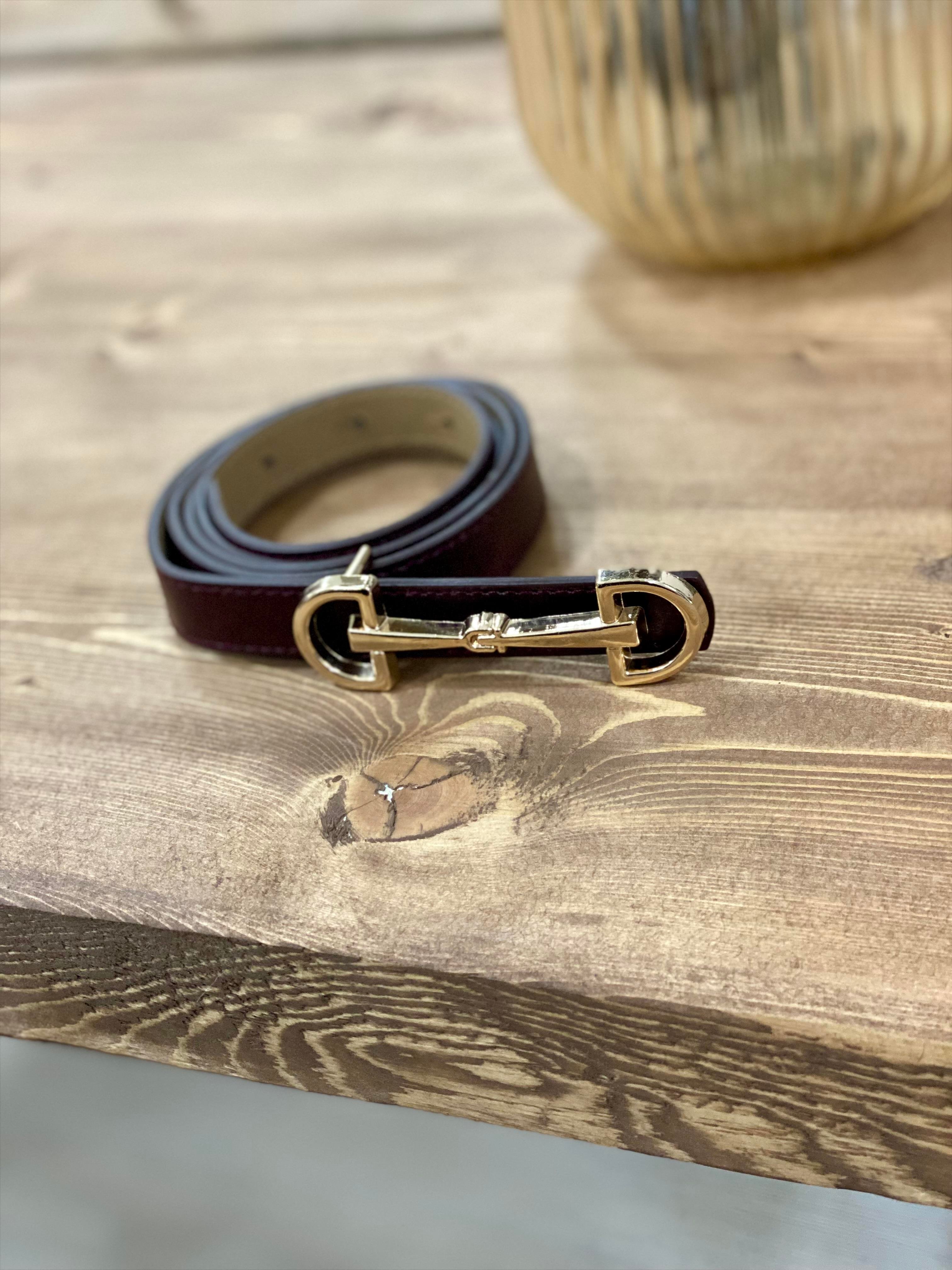 Acı Kahve Gold Çift Tokalı İnce Deri Kemer