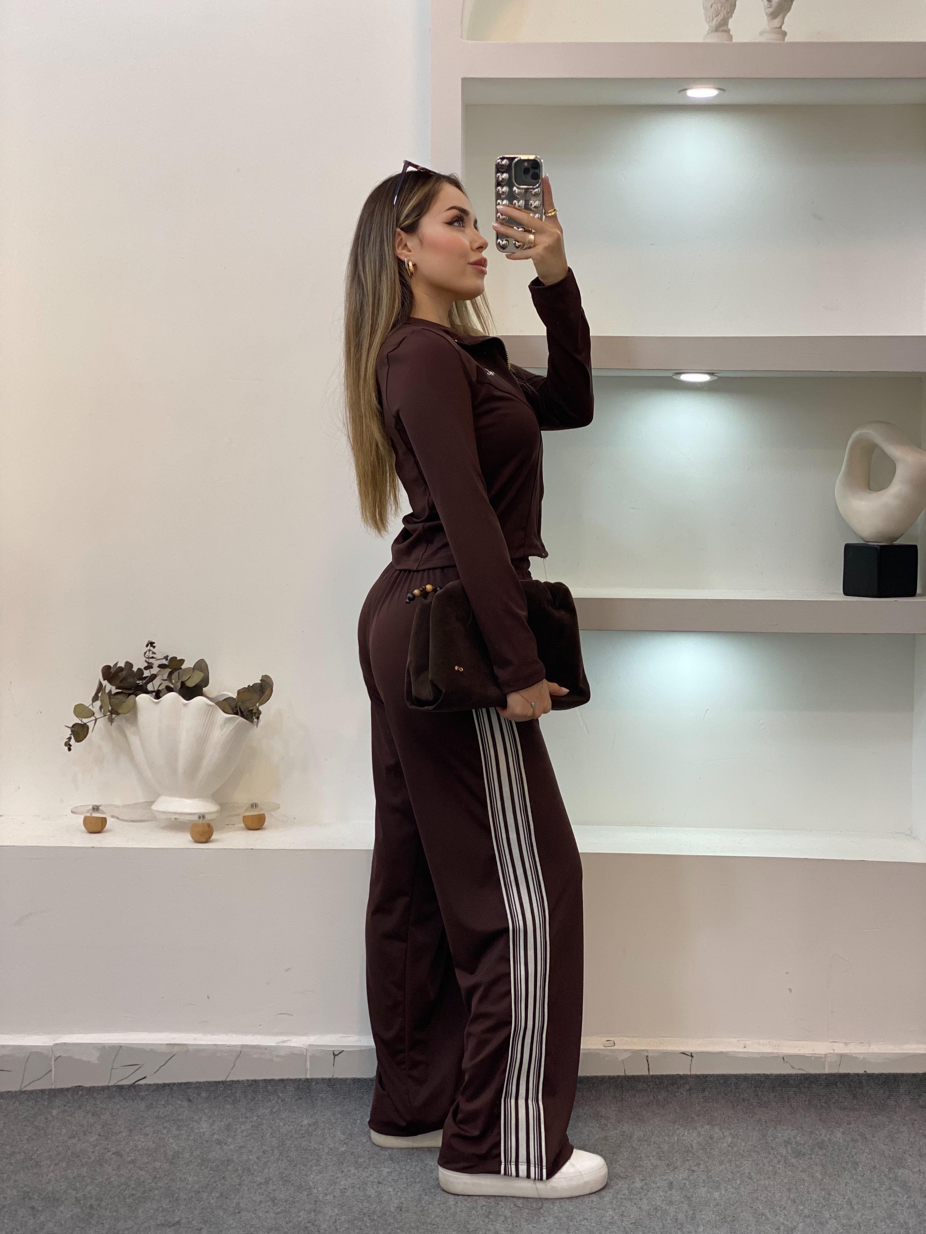 Acı Kahve Şeritli Likralı Eşofman Takım