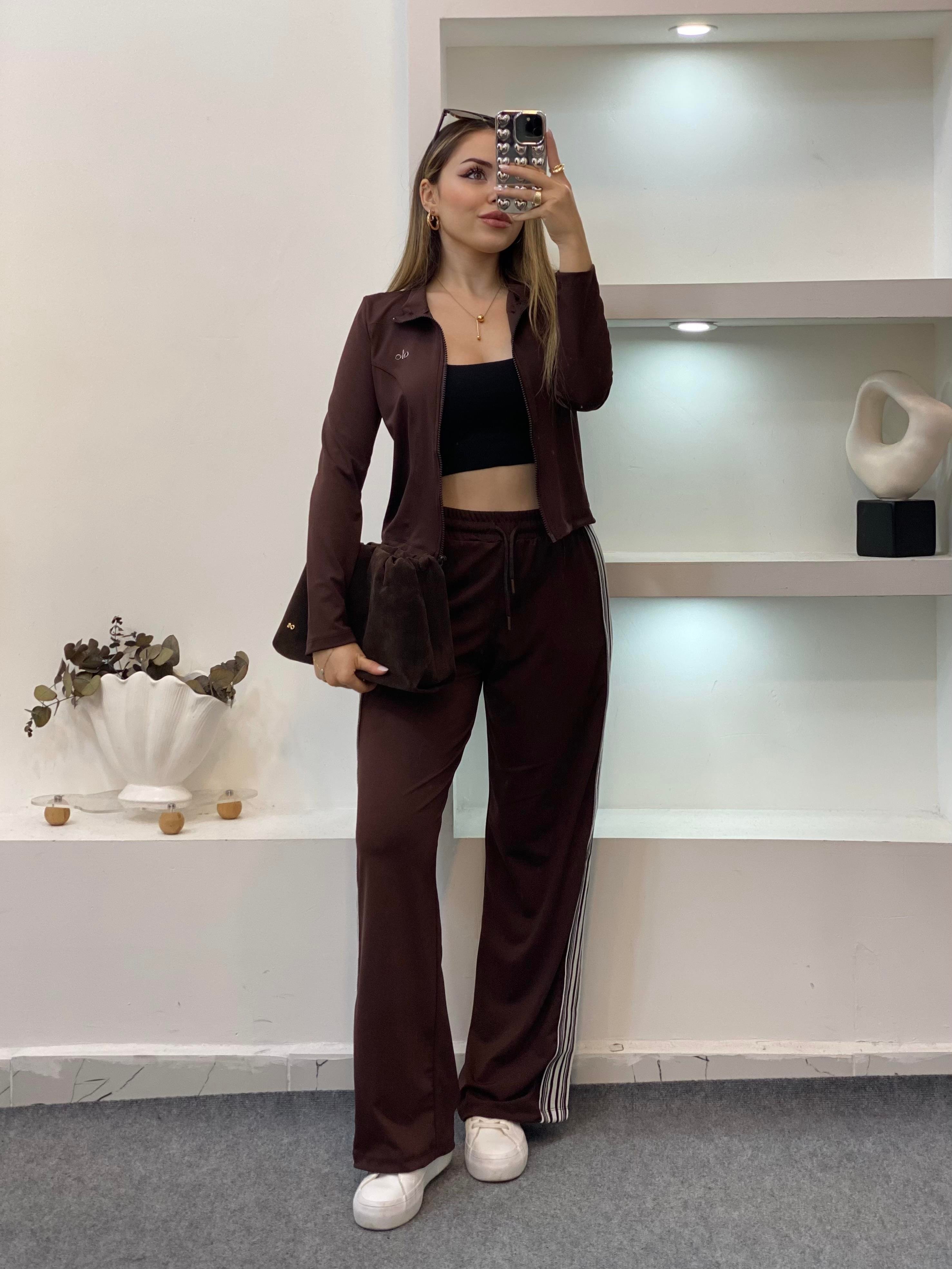 Acı Kahve Şeritli Likralı Eşofman Takım