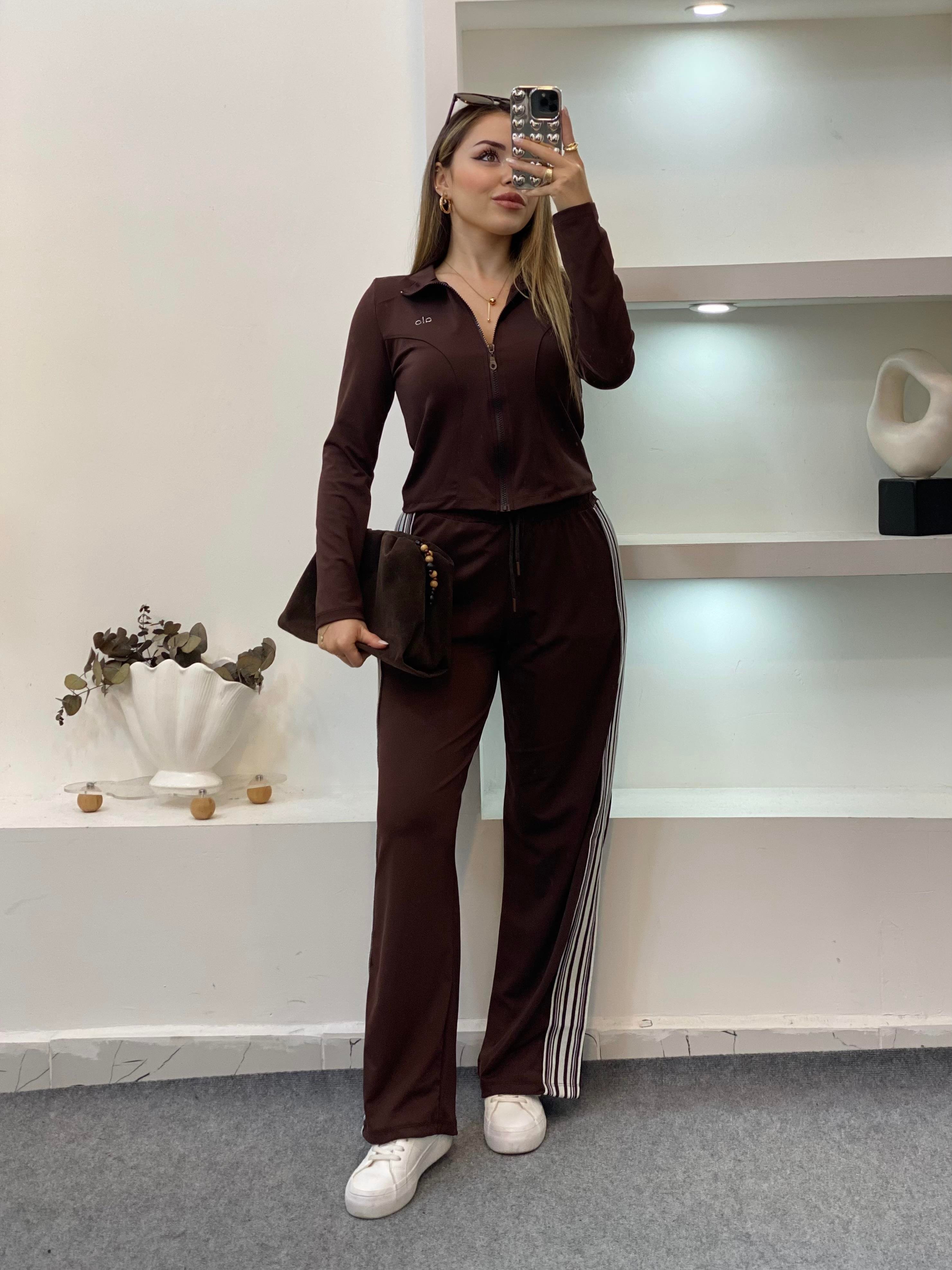 Acı Kahve Şeritli Likralı Eşofman Takım