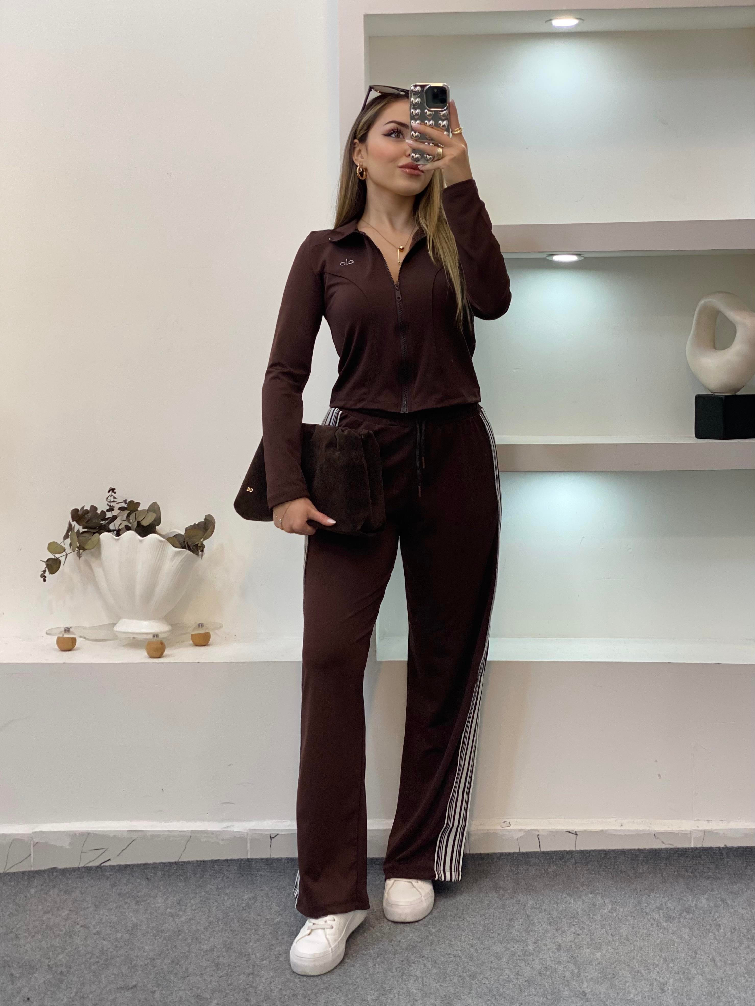 Acı Kahve Şeritli Likralı Eşofman Takım