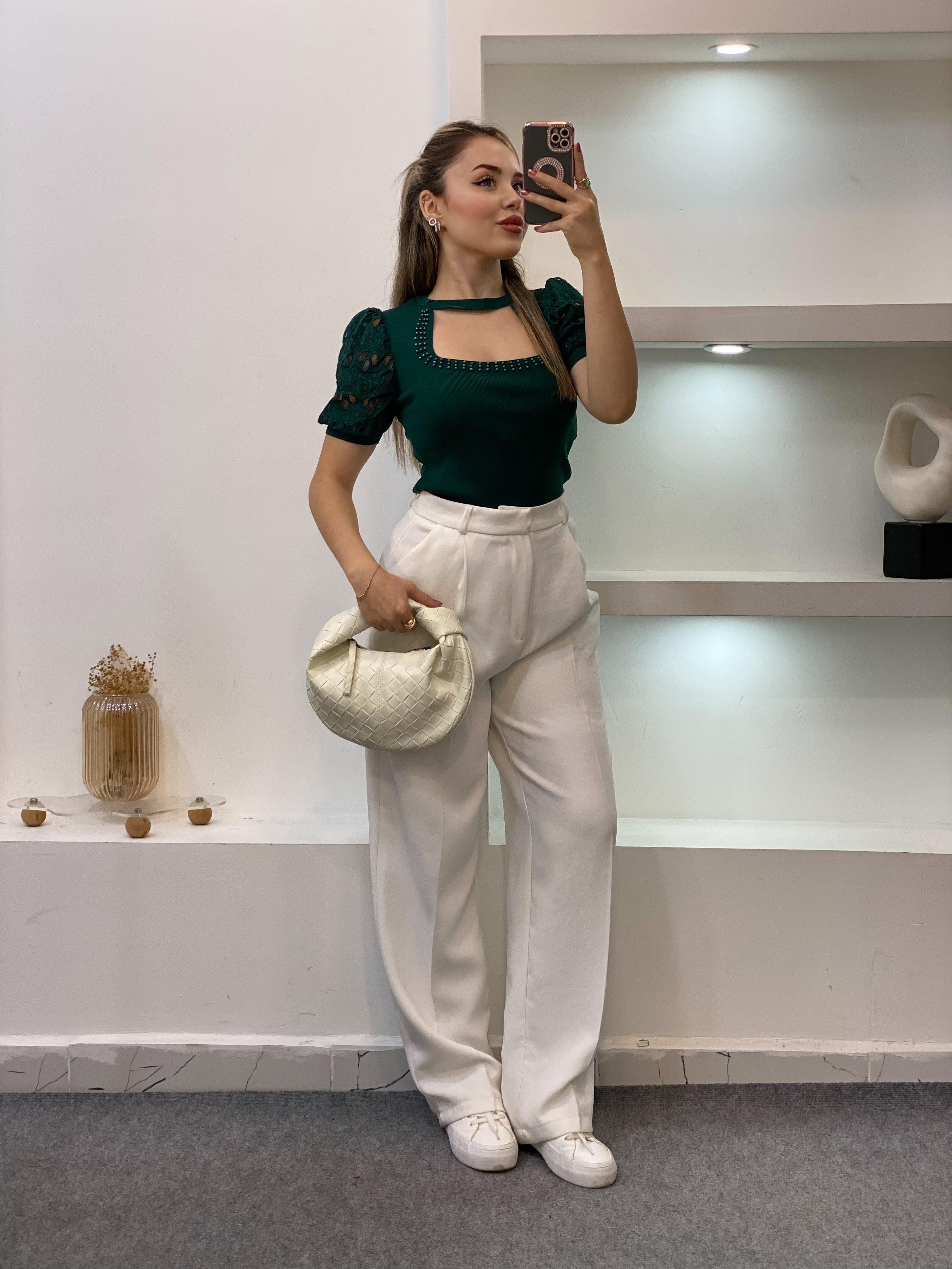 Acı Yeşil Fisto Kol Önü Pencereli Model Triko