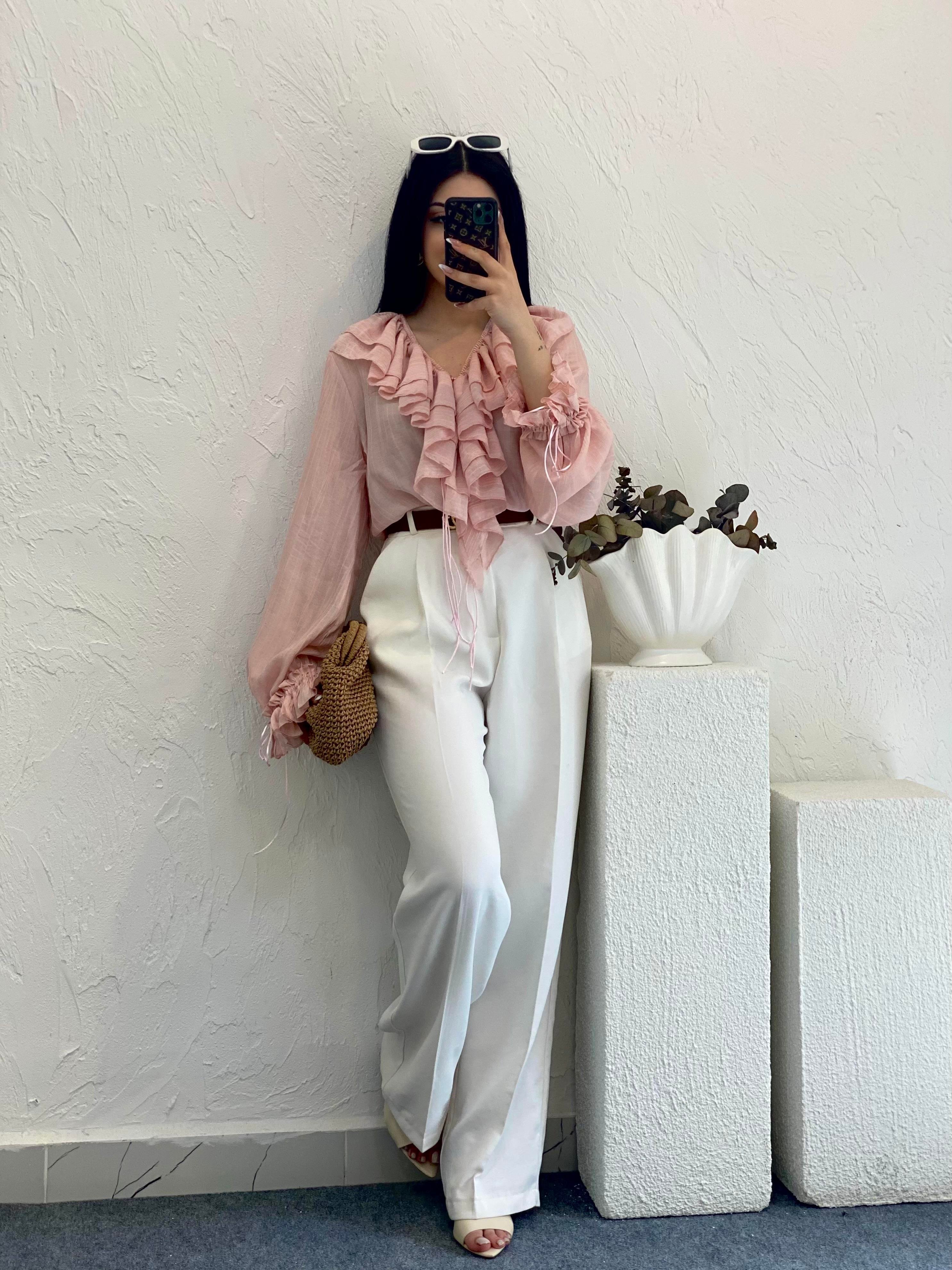 Açık Pembe Premium Önü Volanlı Bluz
