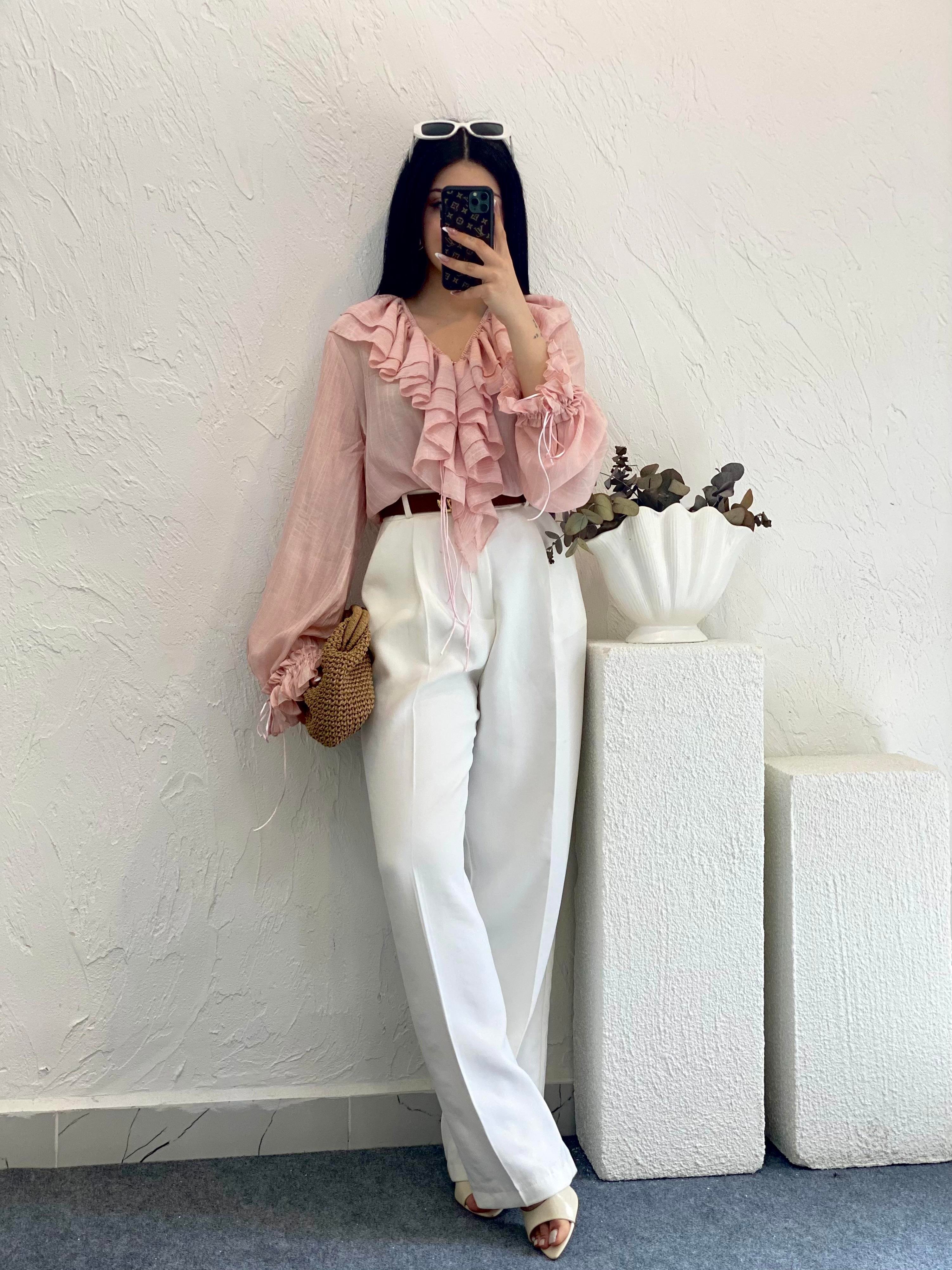Açık Pembe Premium Önü Volanlı Bluz