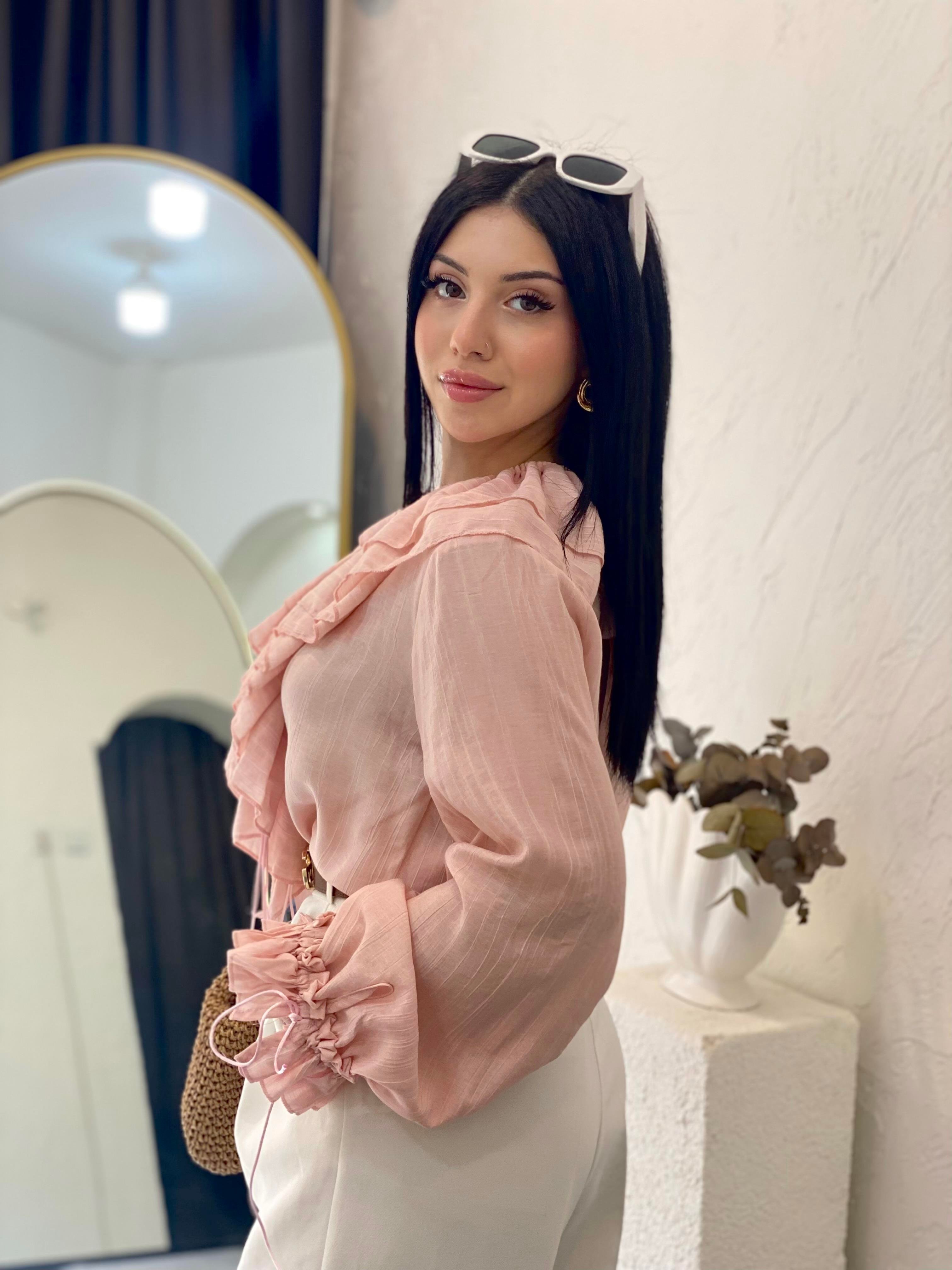 Açık Pembe Premium Önü Volanlı Bluz