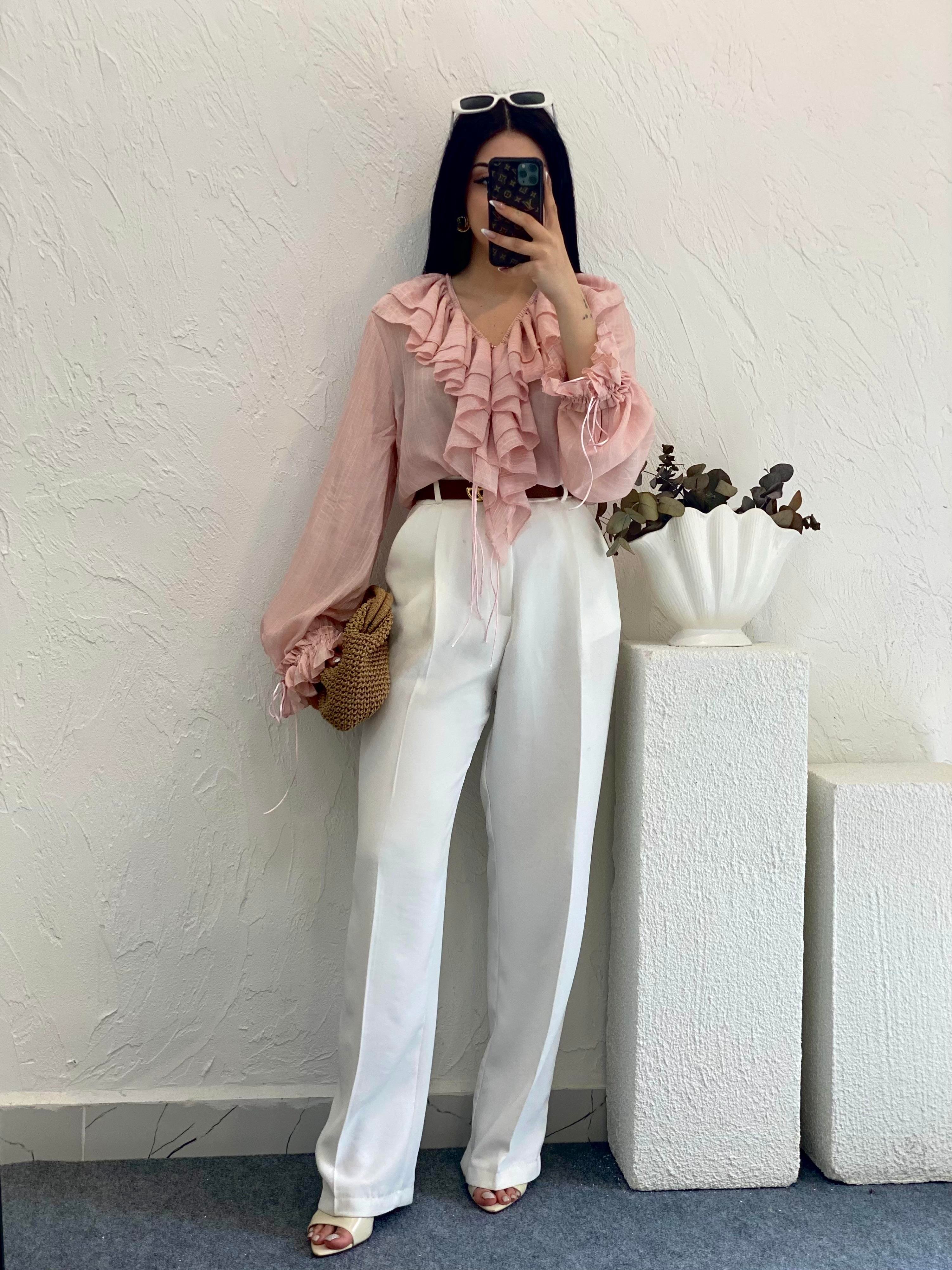 Açık Pembe Premium Önü Volanlı Bluz