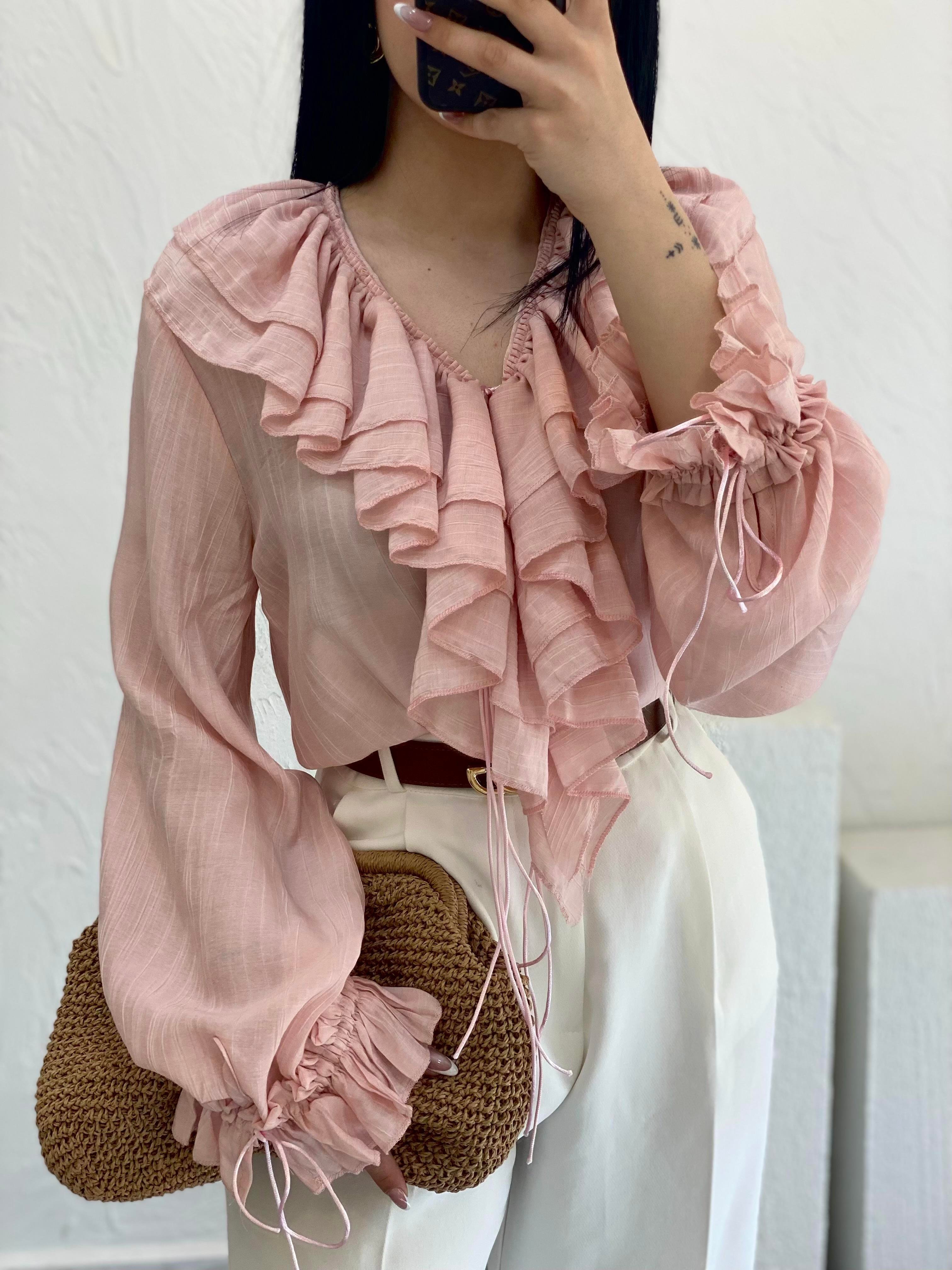 Açık Pembe Premium Önü Volanlı Bluz