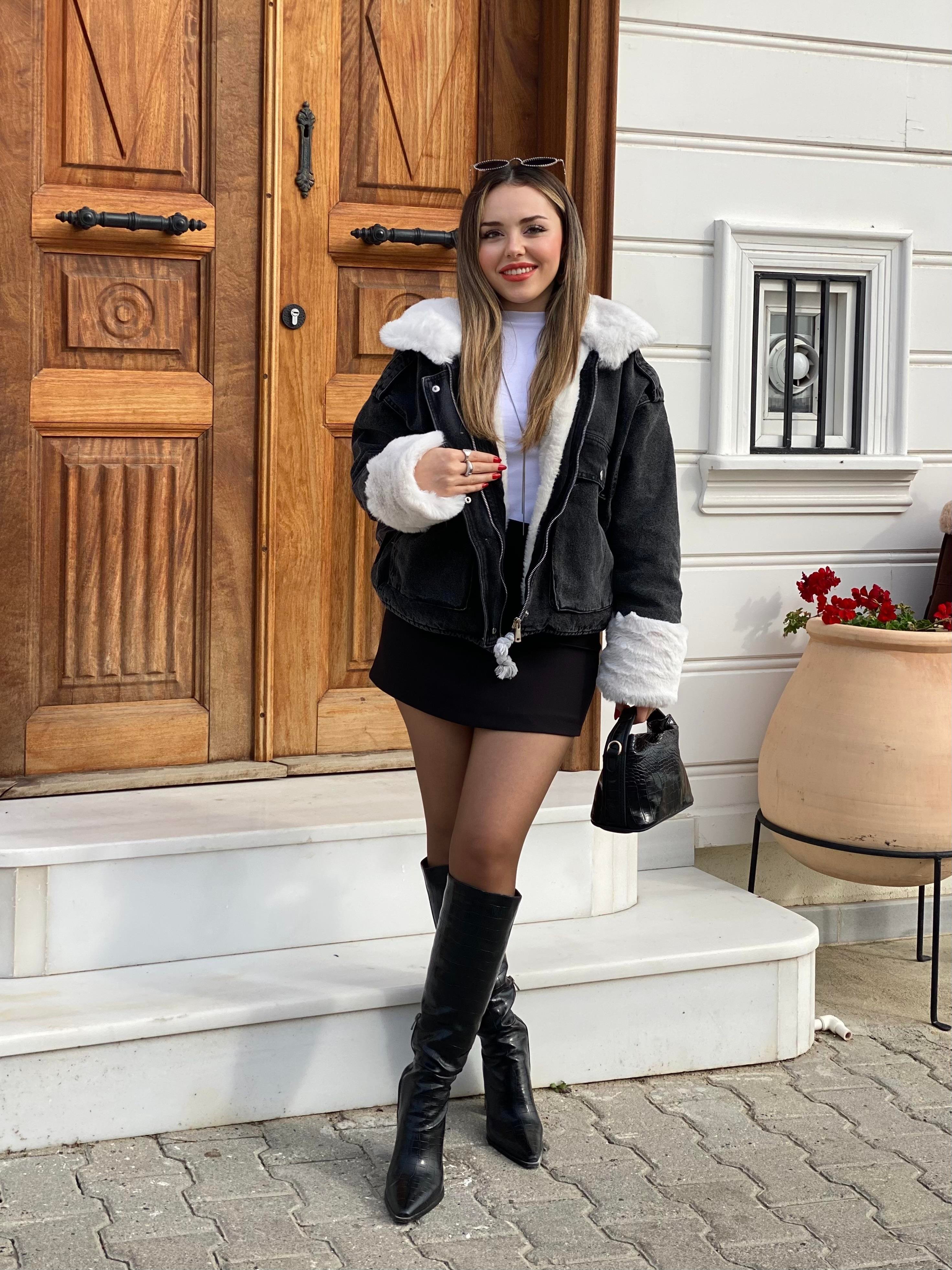 Antrasit Beyaz İçi Full Kürklü Kot Mont