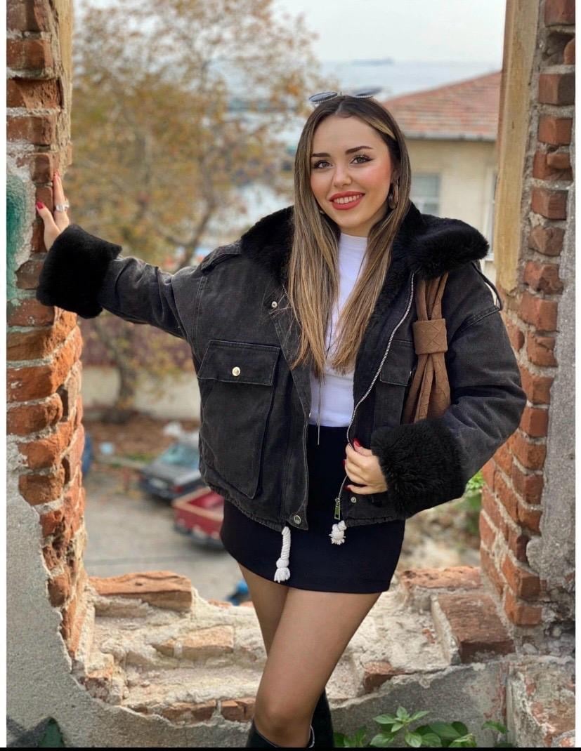 Antrasit Siyah Full Gramajlı Kürklü Kot Mont