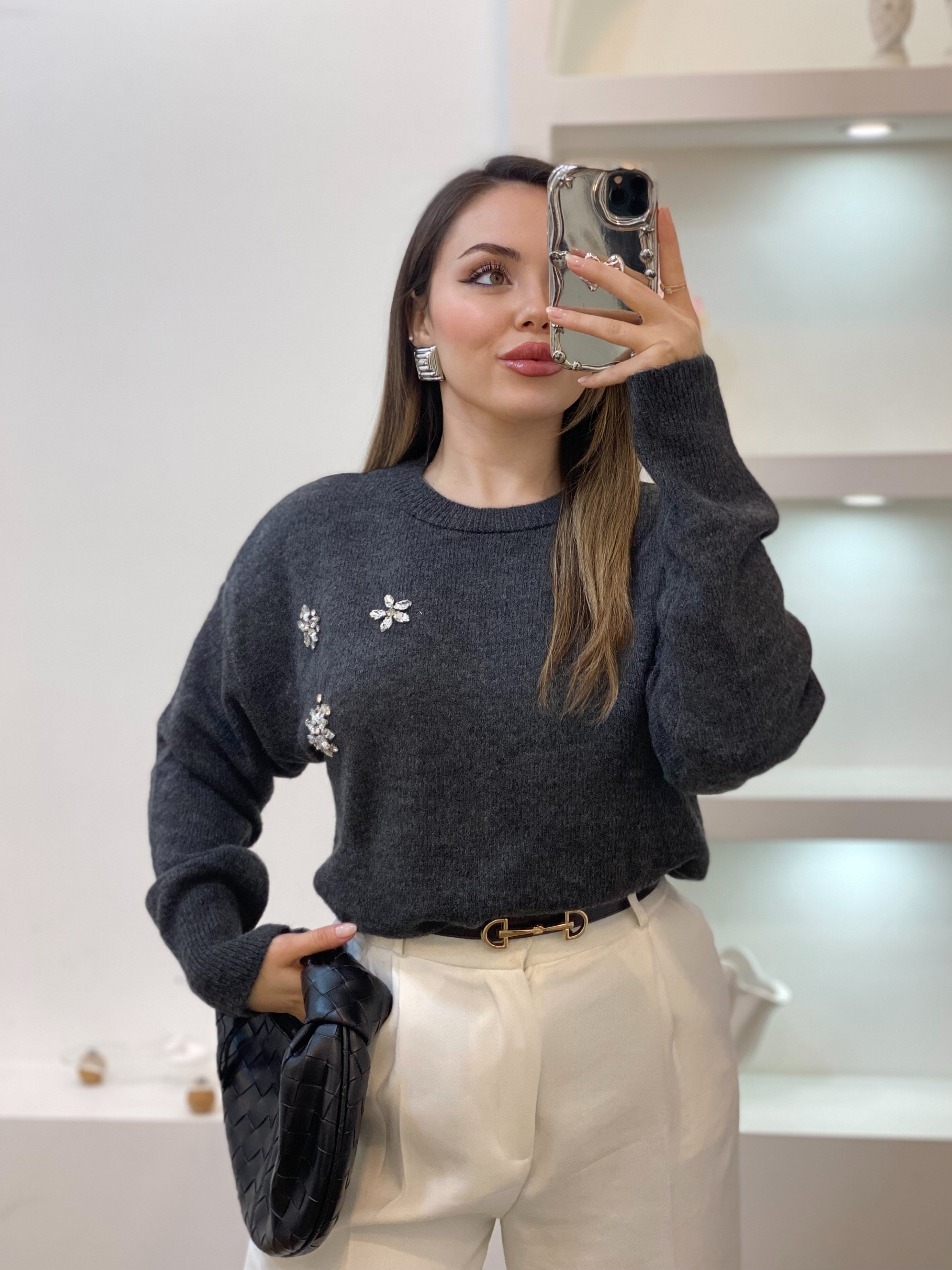 Antrasit Taşlı Model Triko Kazak