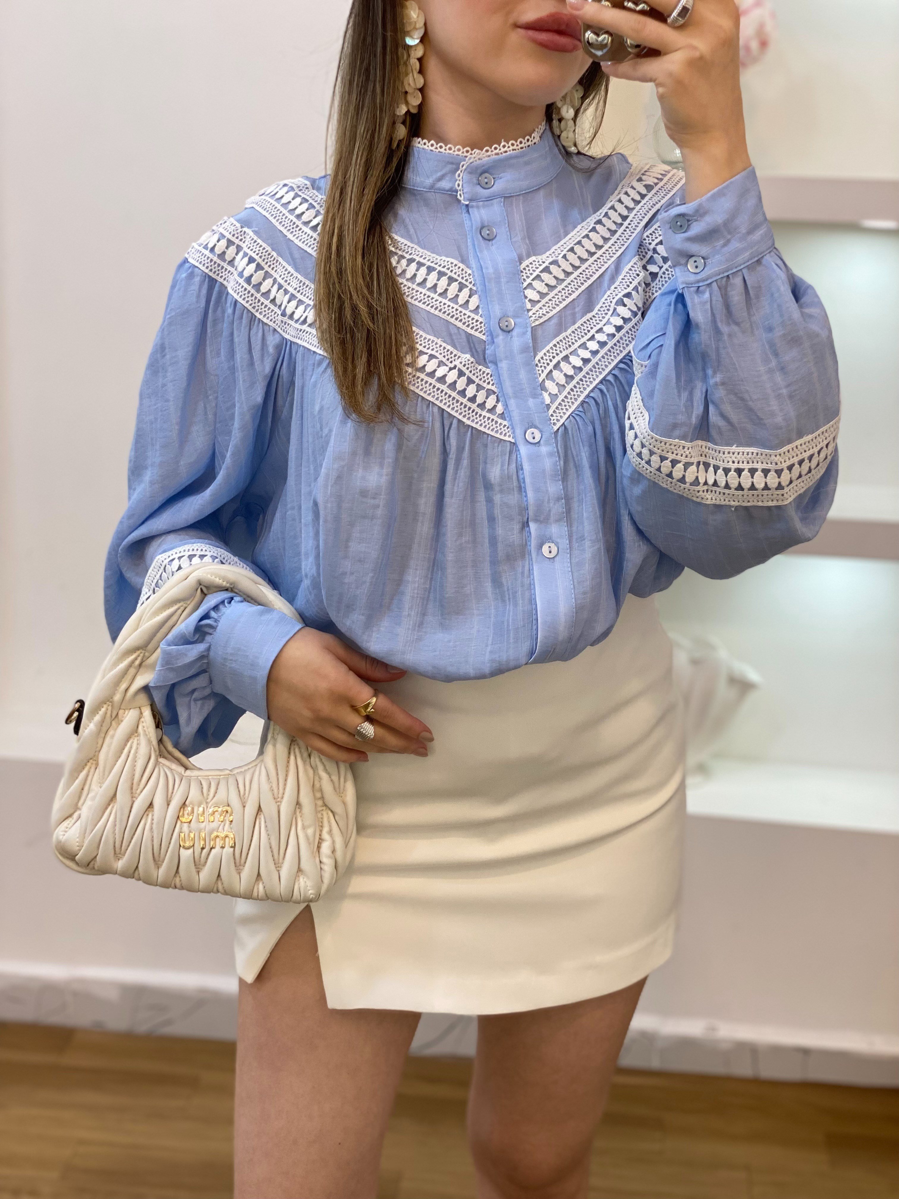 Bebe Mavi Premium Kalite Dantel Detaylı Gömlek 