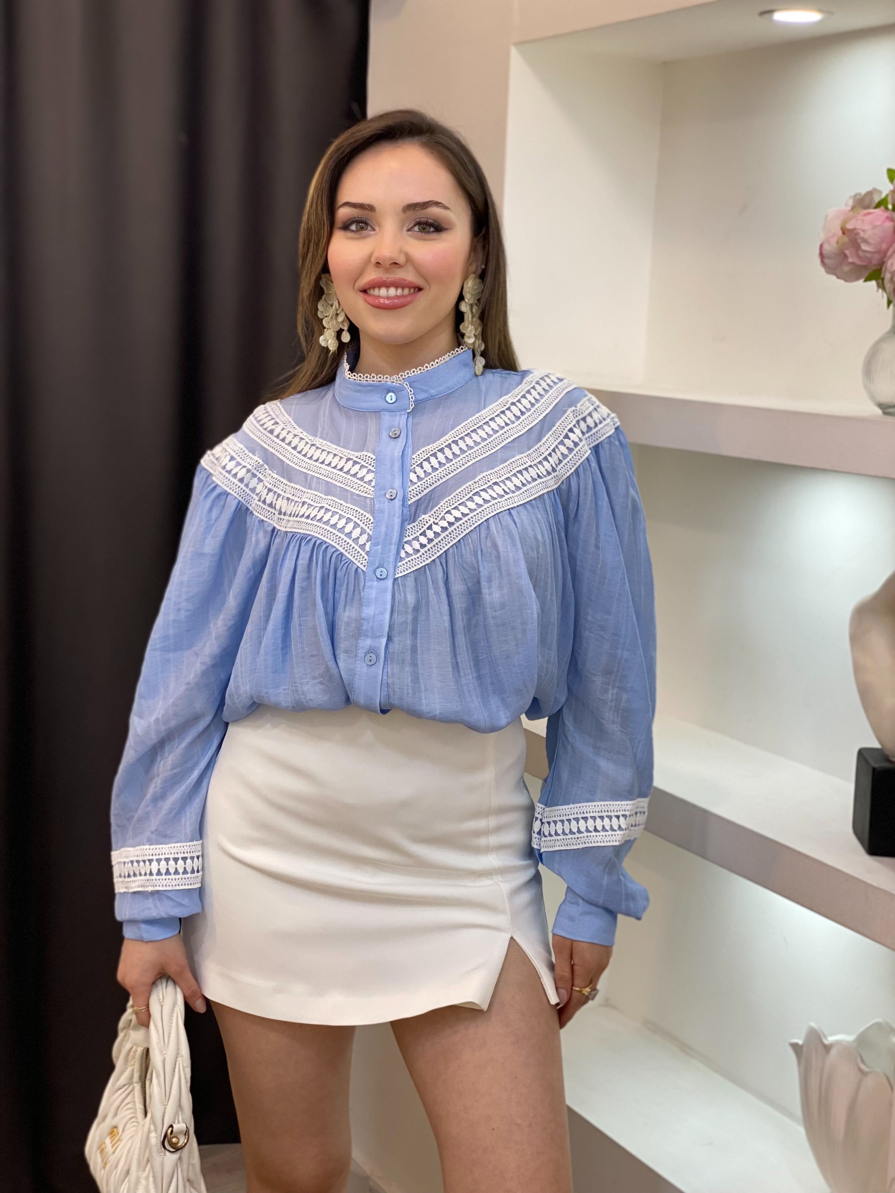Bebe Mavi Premium Kalite Dantel Detaylı Gömlek 