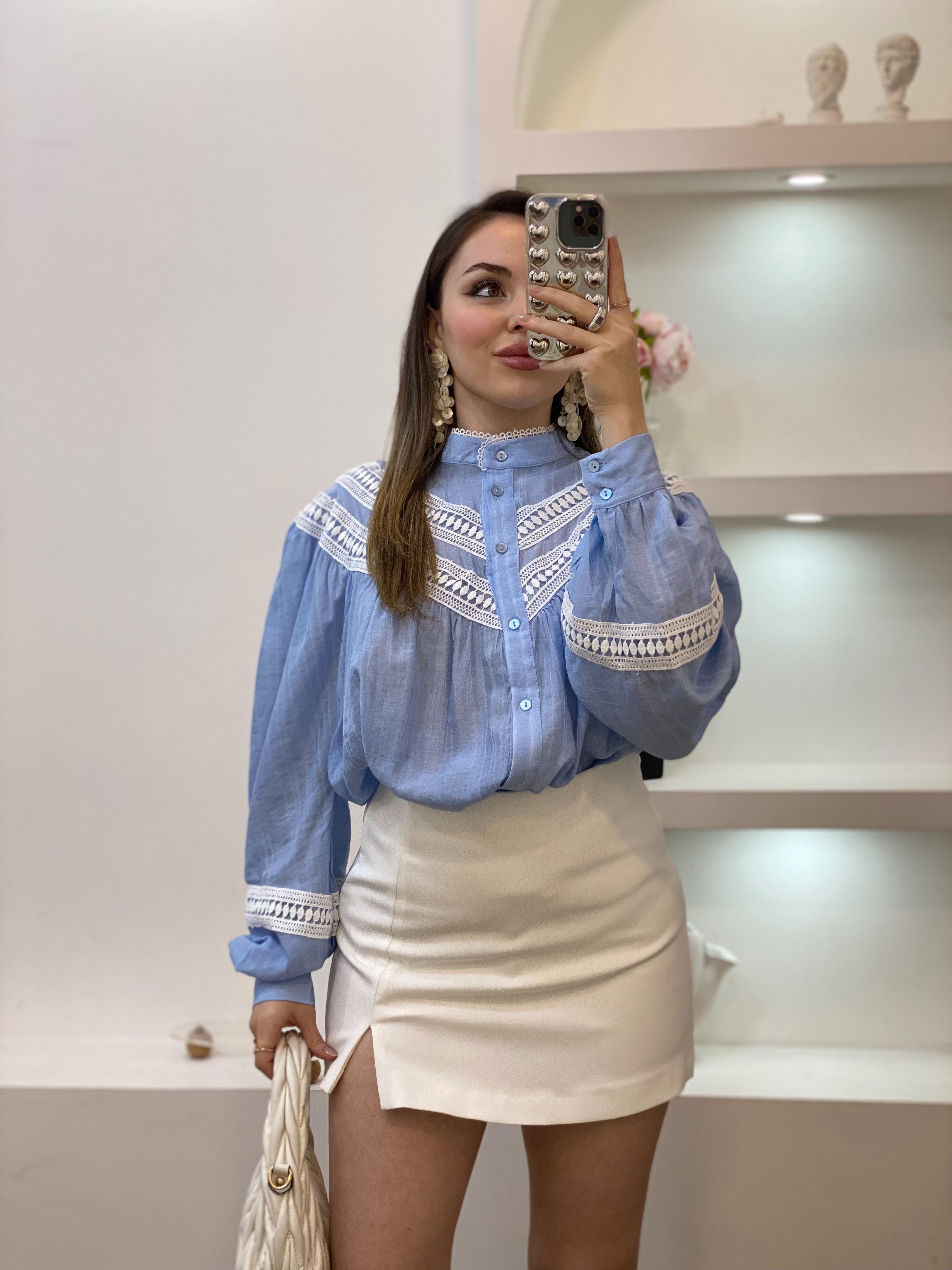 Bebe Mavi Premium Kalite Dantel Detaylı Gömlek 
