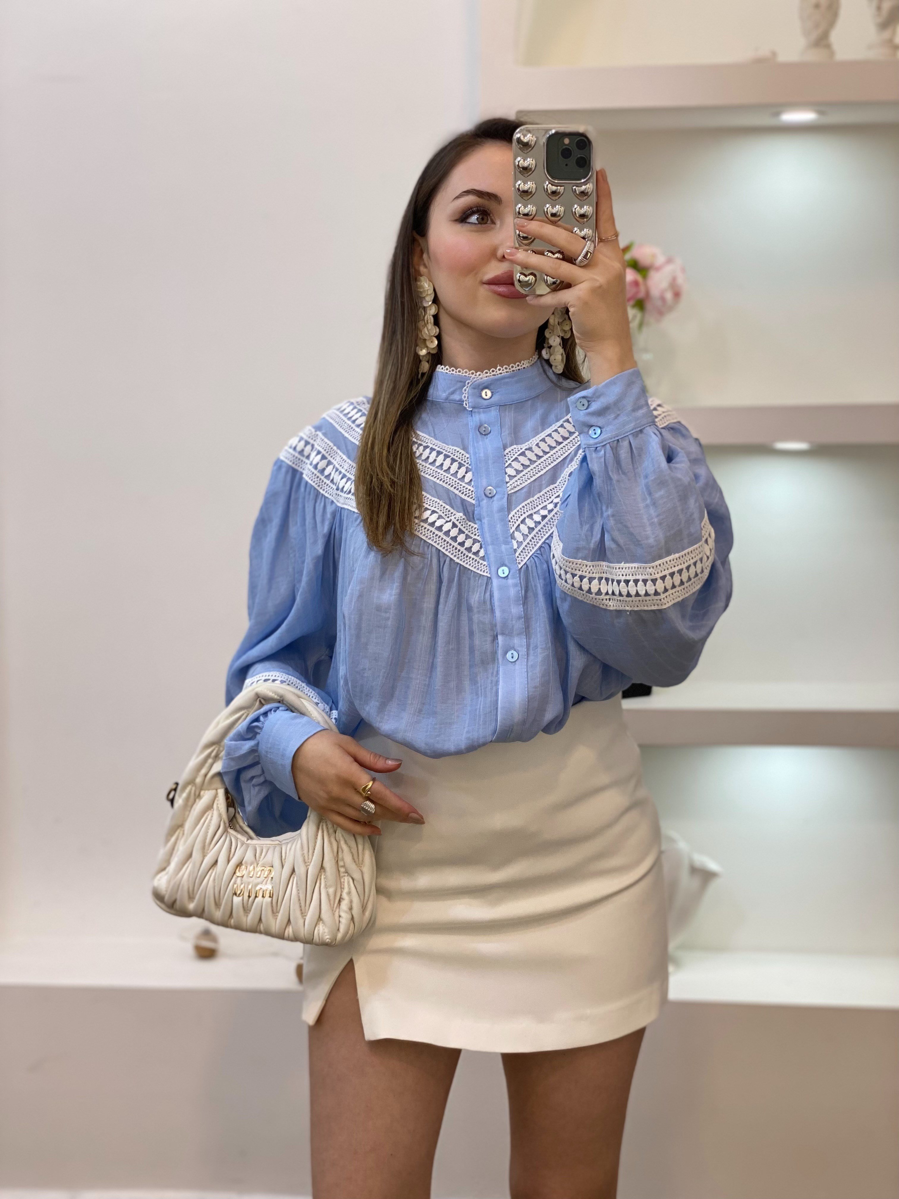 Bebe Mavi Premium Kalite Dantel Detaylı Gömlek 