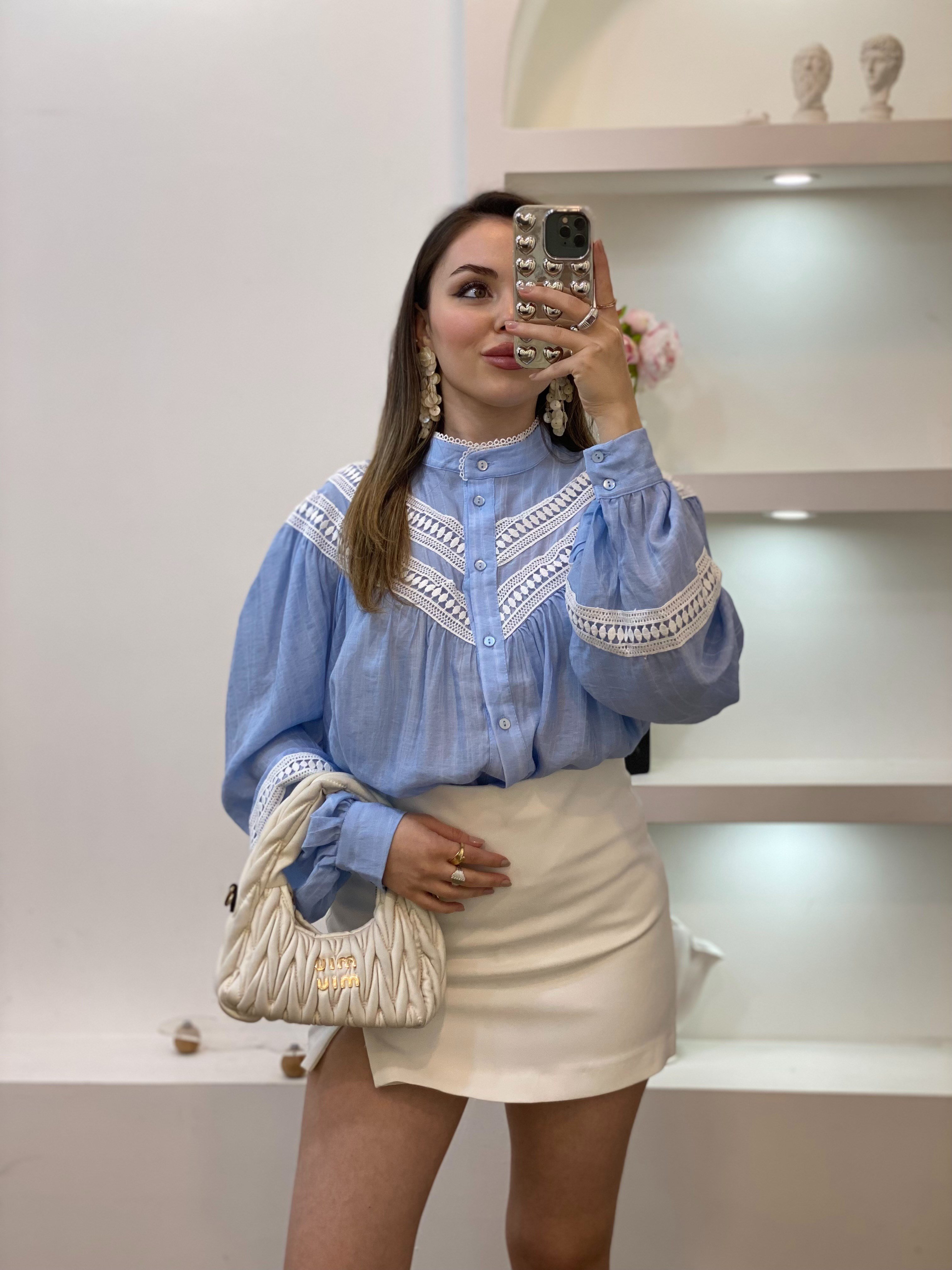 Bebe Mavi Premium Kalite Dantel Detaylı Gömlek 