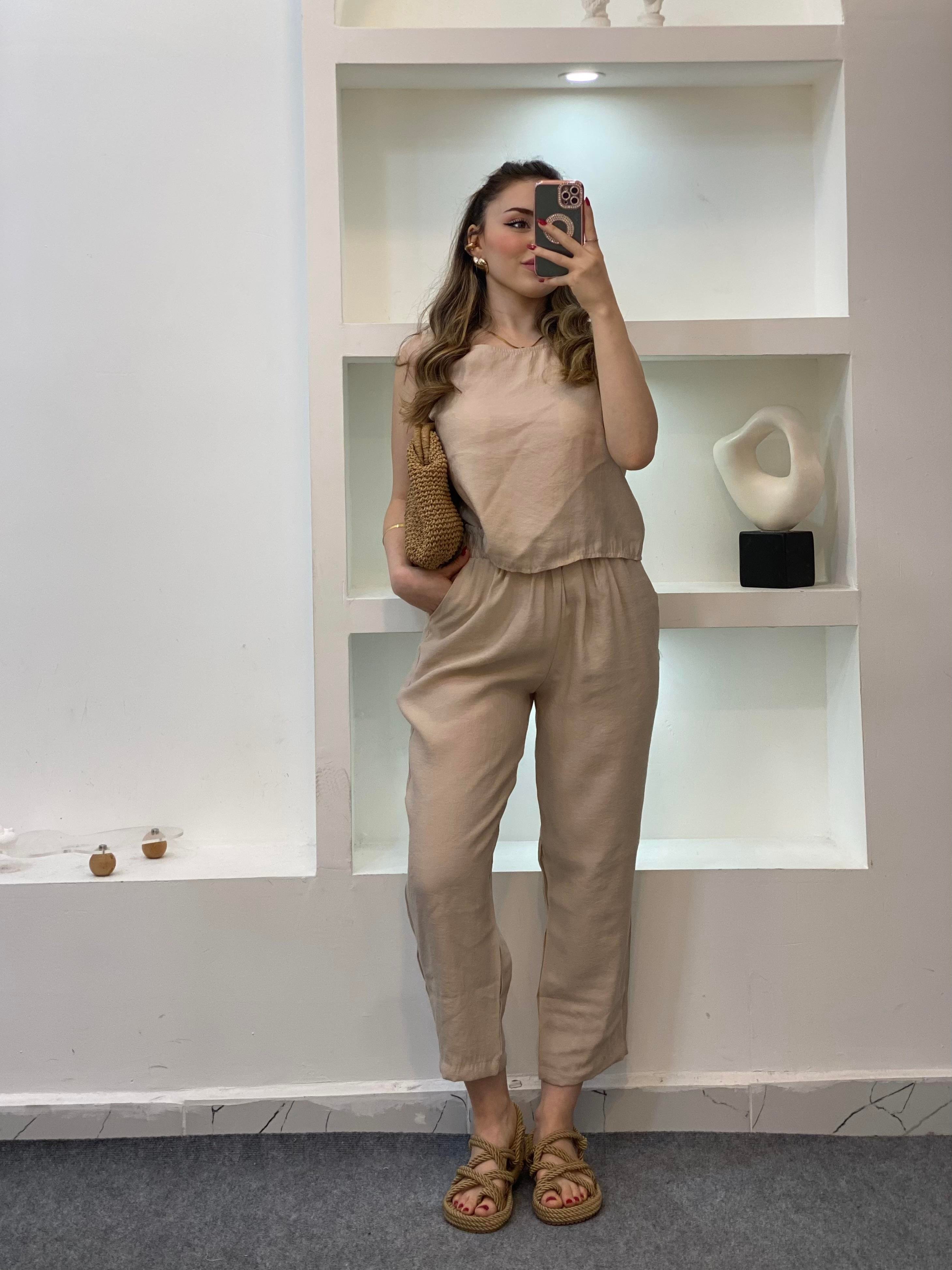 Bej Bluz Pantolon Tensel Takım