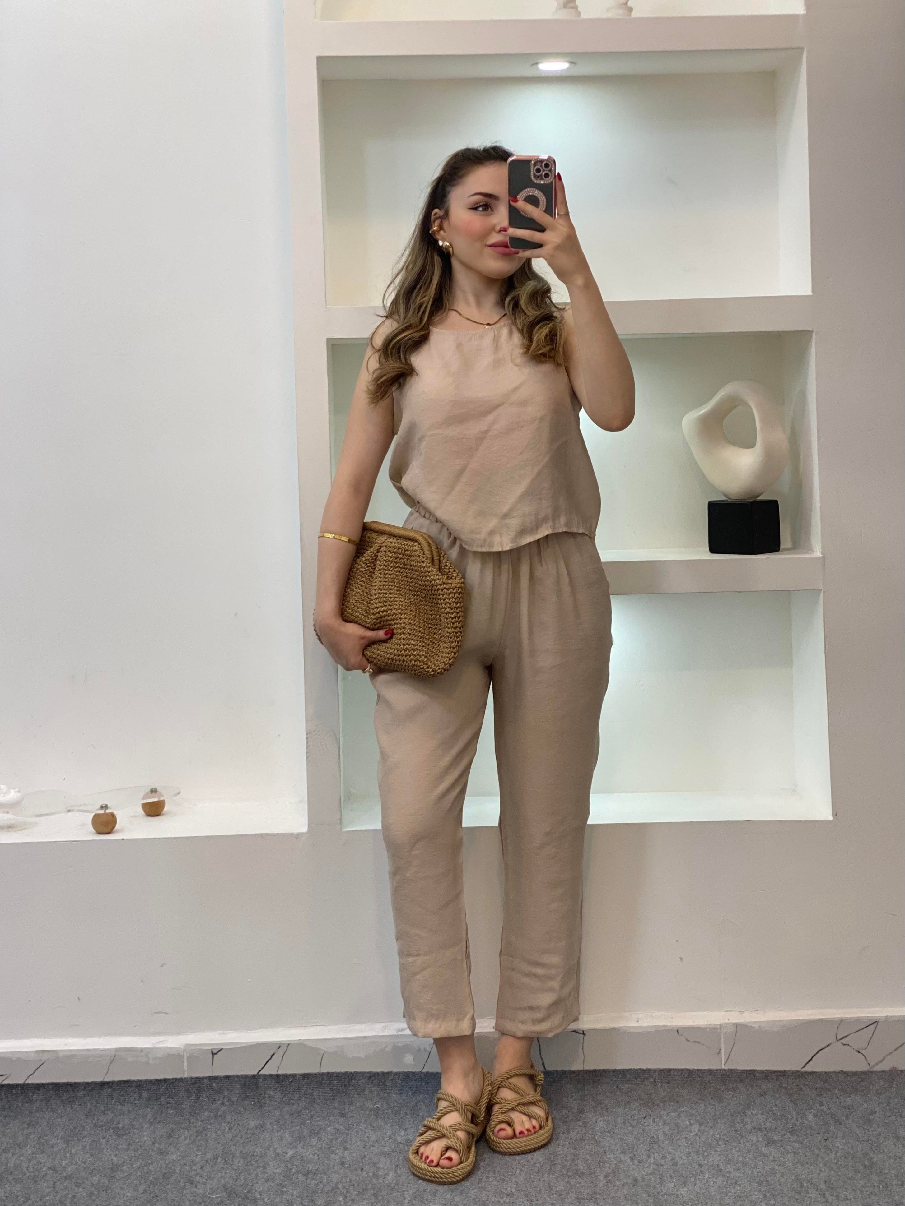 Bej Bluz Pantolon Tensel Takım
