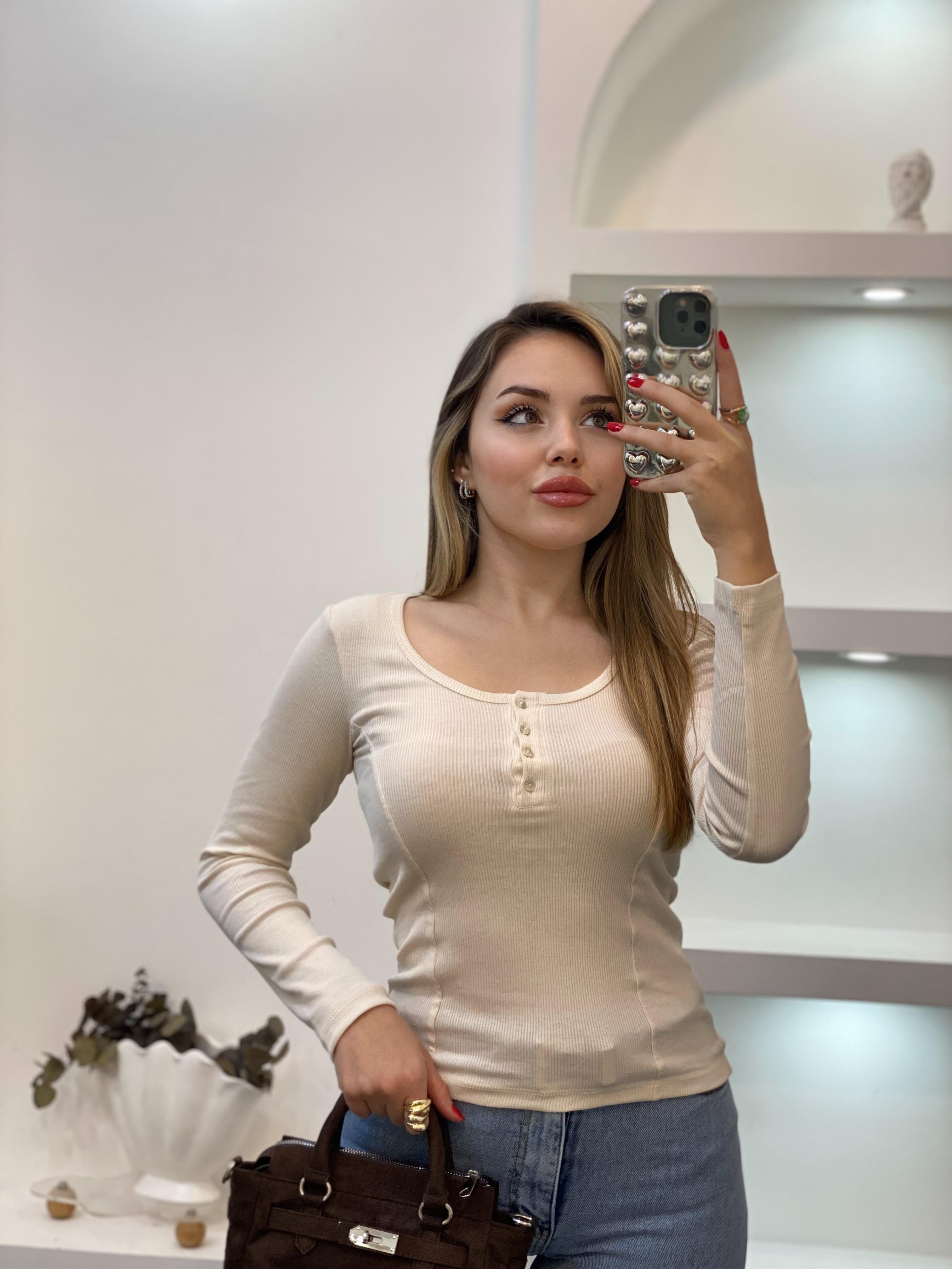 Bej Düğmeli Fitilli Basic Bluz