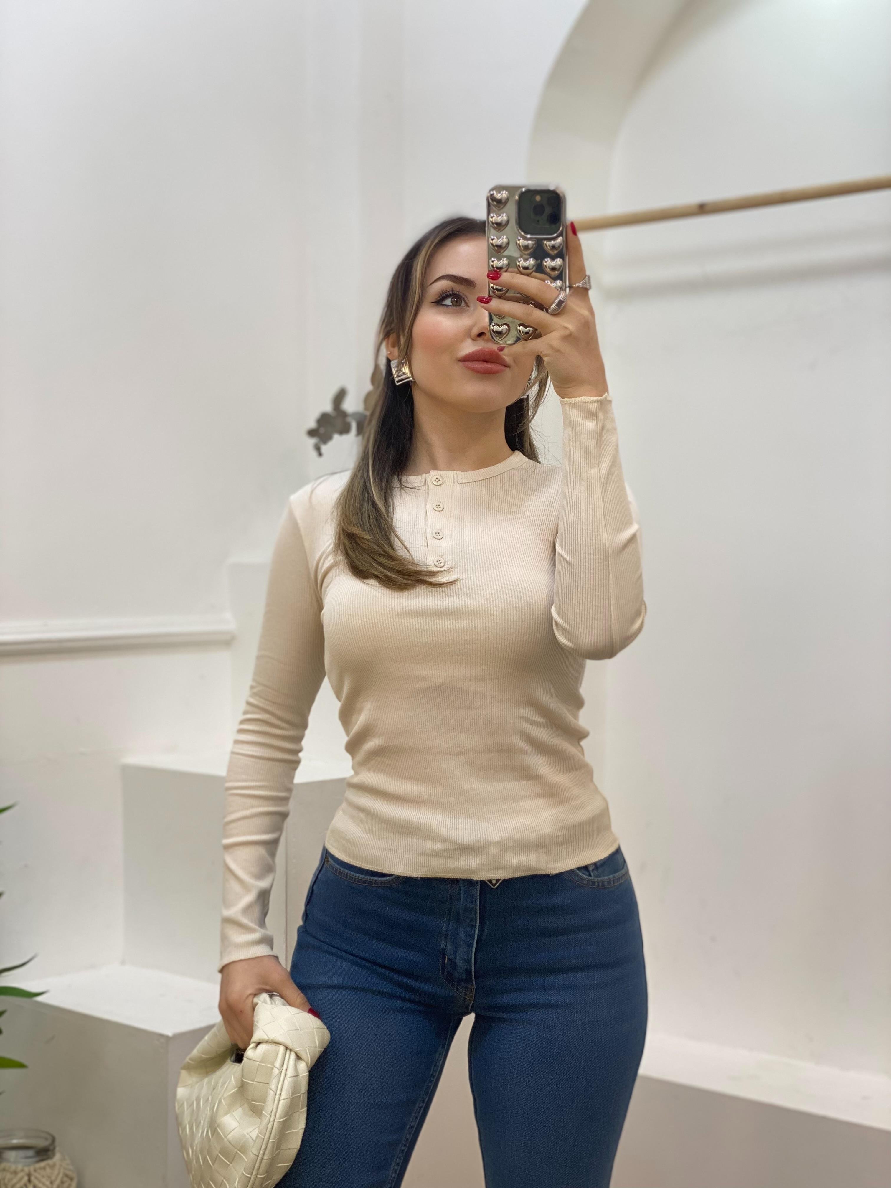Bej Düğmeli Fitilli Basic Bluz