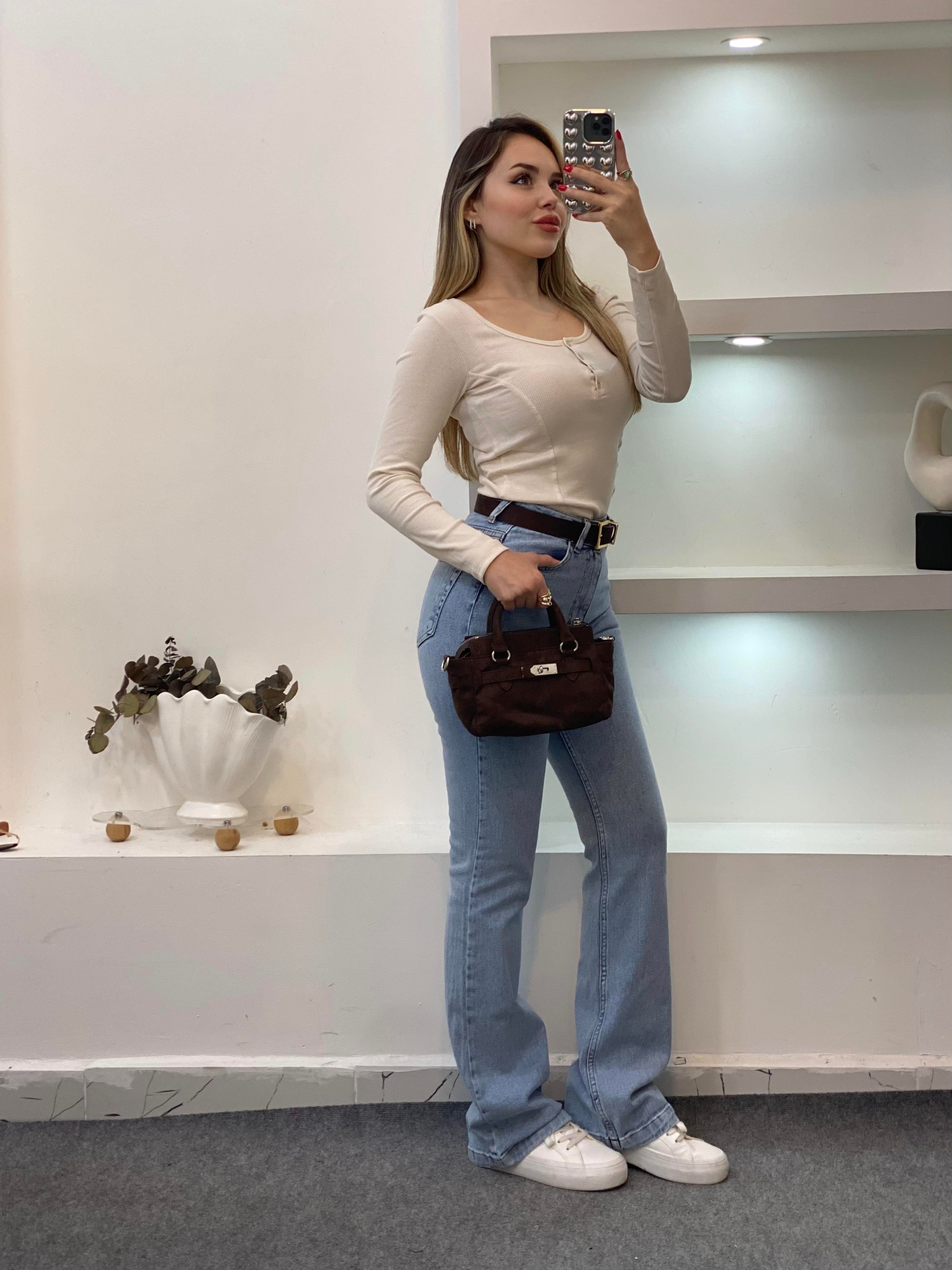 Bej Düğmeli Fitilli Basic Bluz
