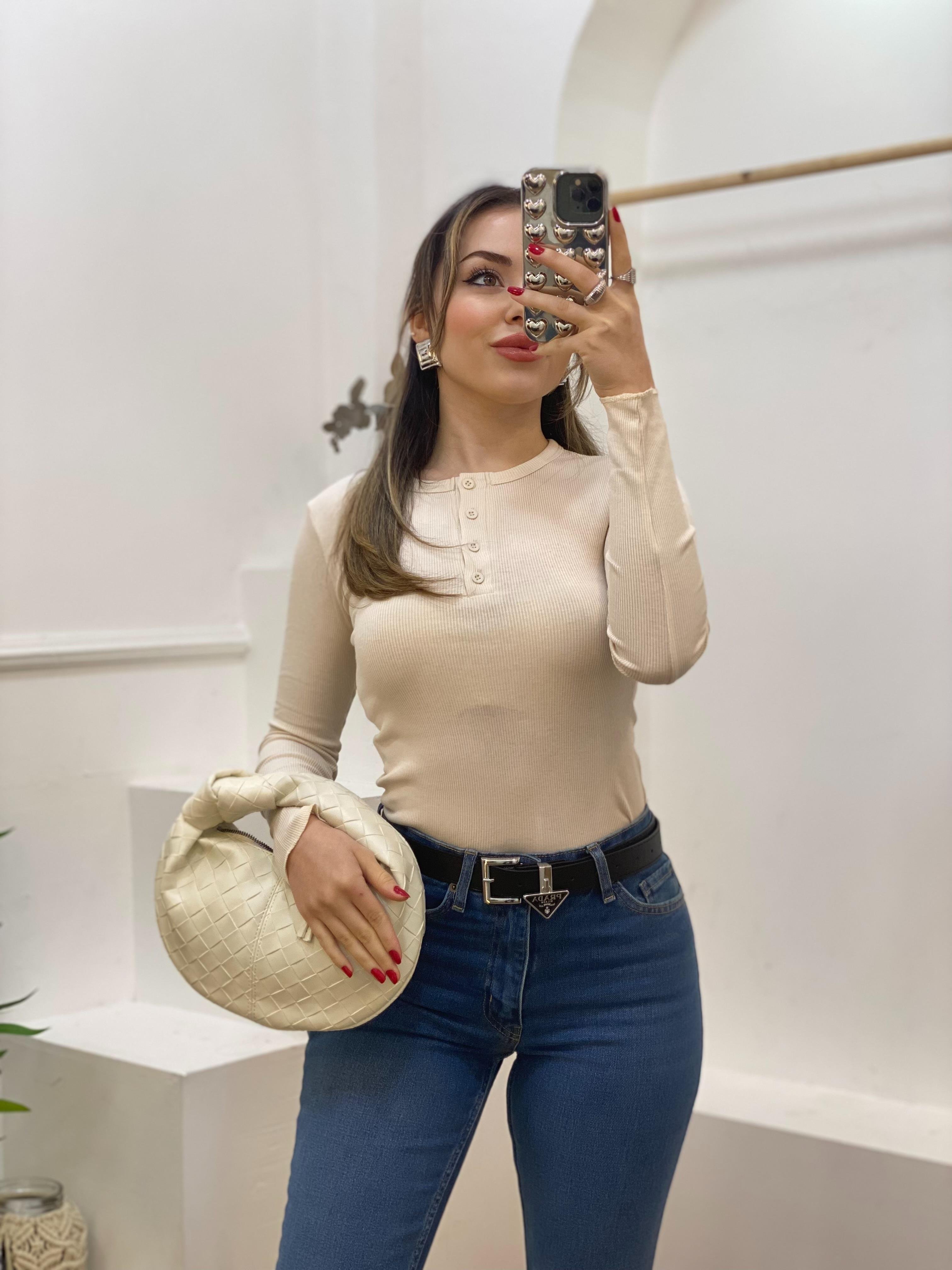 Bej Düğmeli Fitilli Basic Bluz