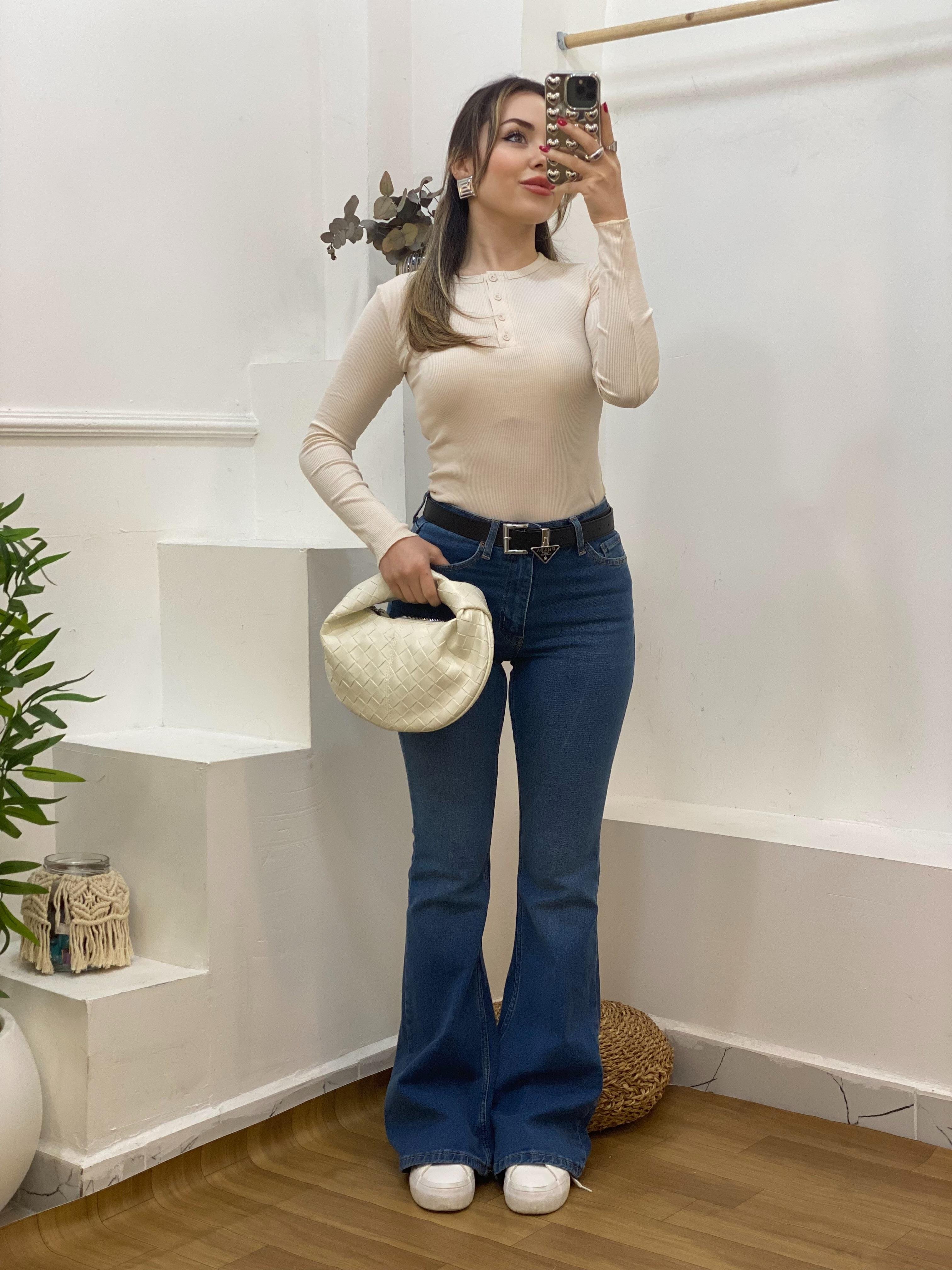 Bej Düğmeli Fitilli Basic Bluz