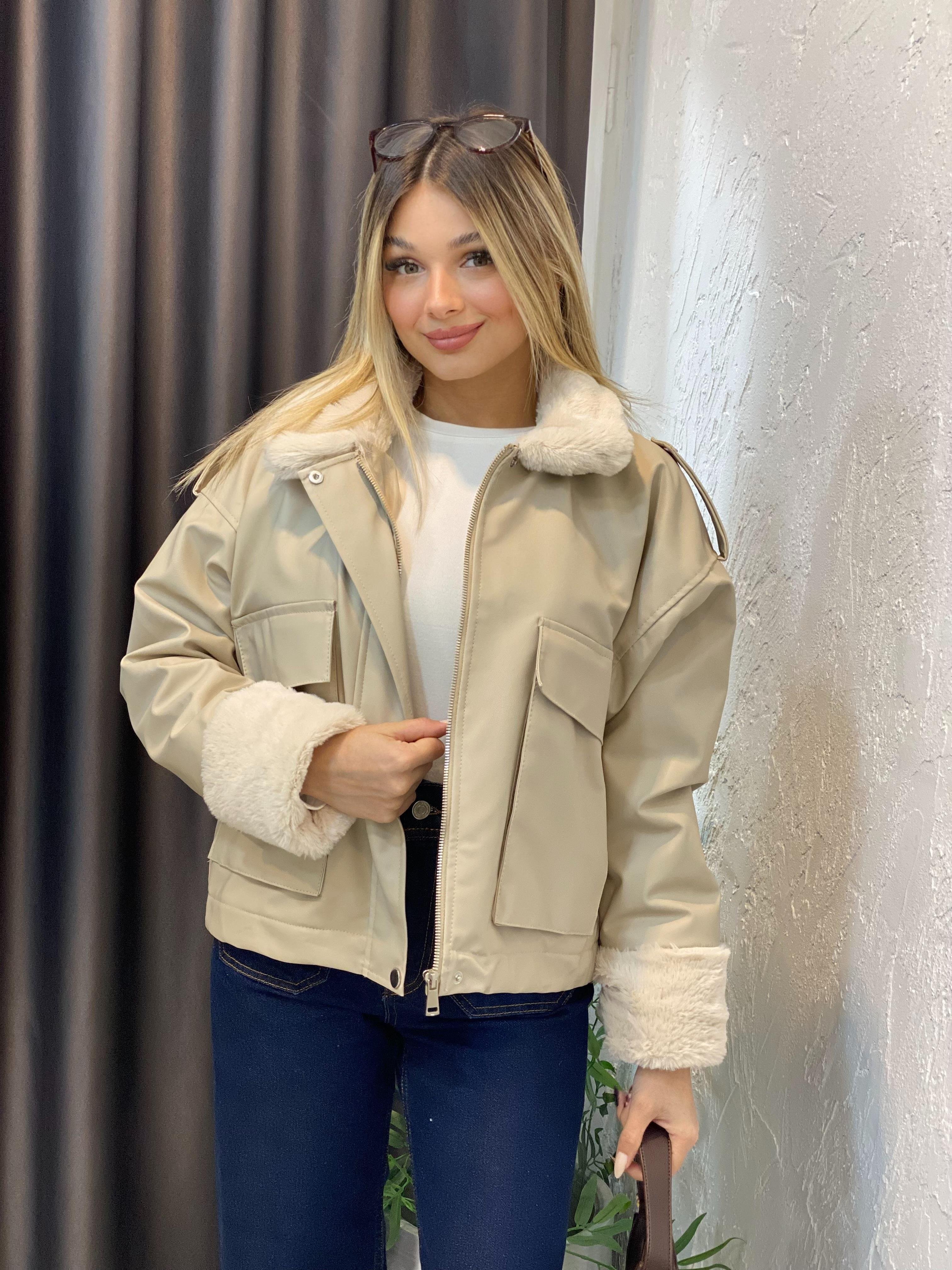 Bej İçi Full Kürklü Deri Mont 