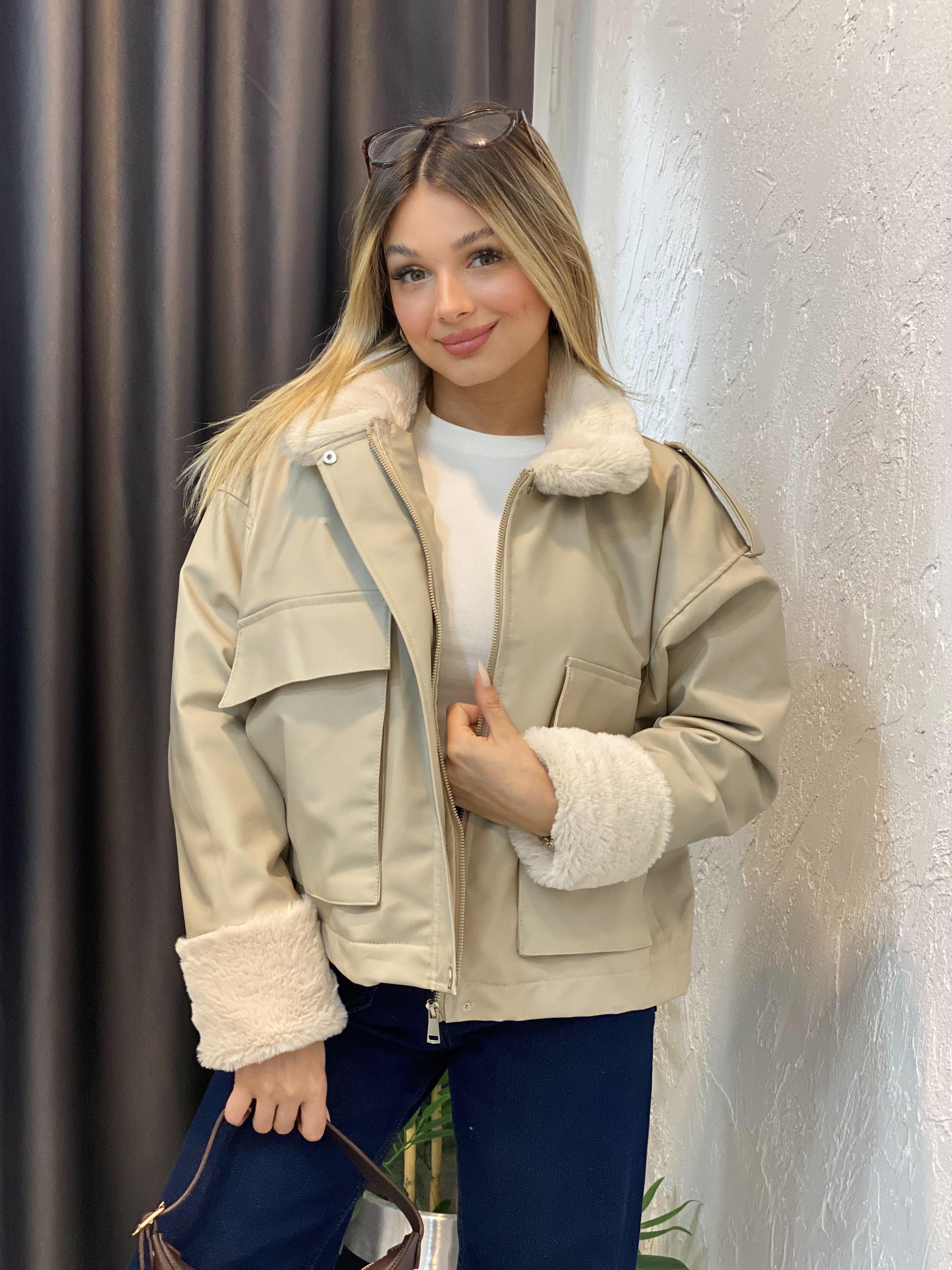 Bej İçi Full Kürklü Deri Mont 