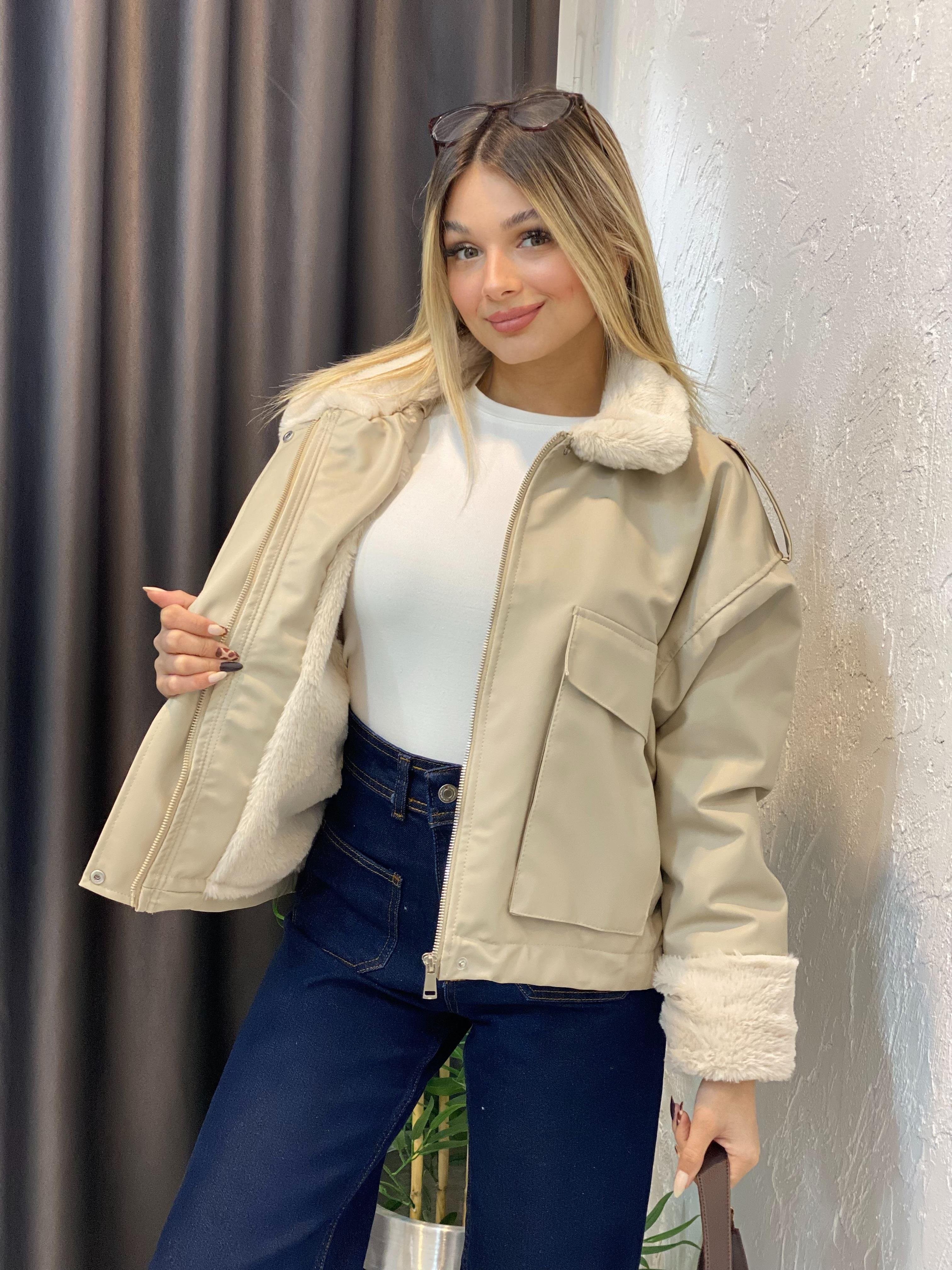 Bej İçi Full Kürklü Deri Mont 