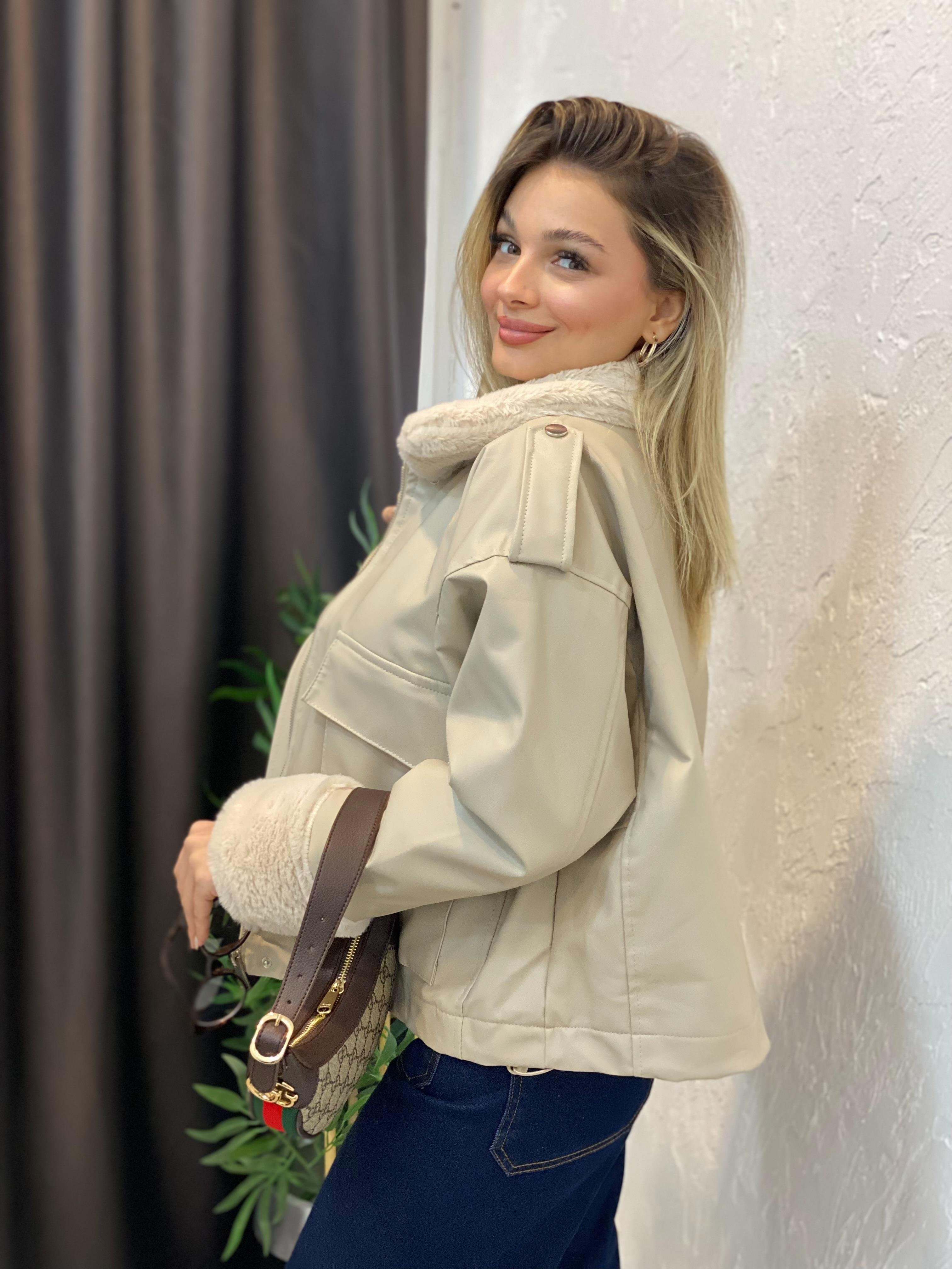 Bej İçi Full Kürklü Deri Mont 