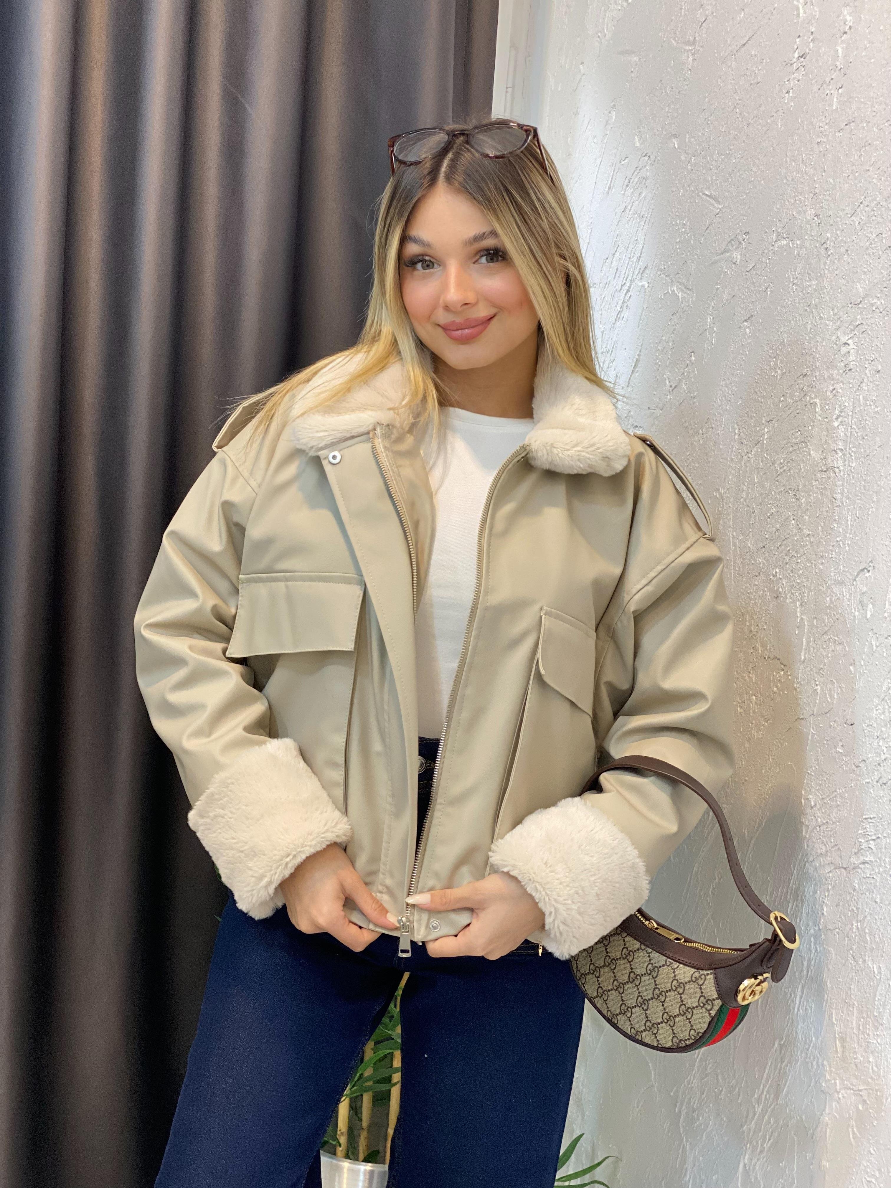 Bej İçi Full Kürklü Deri Mont 