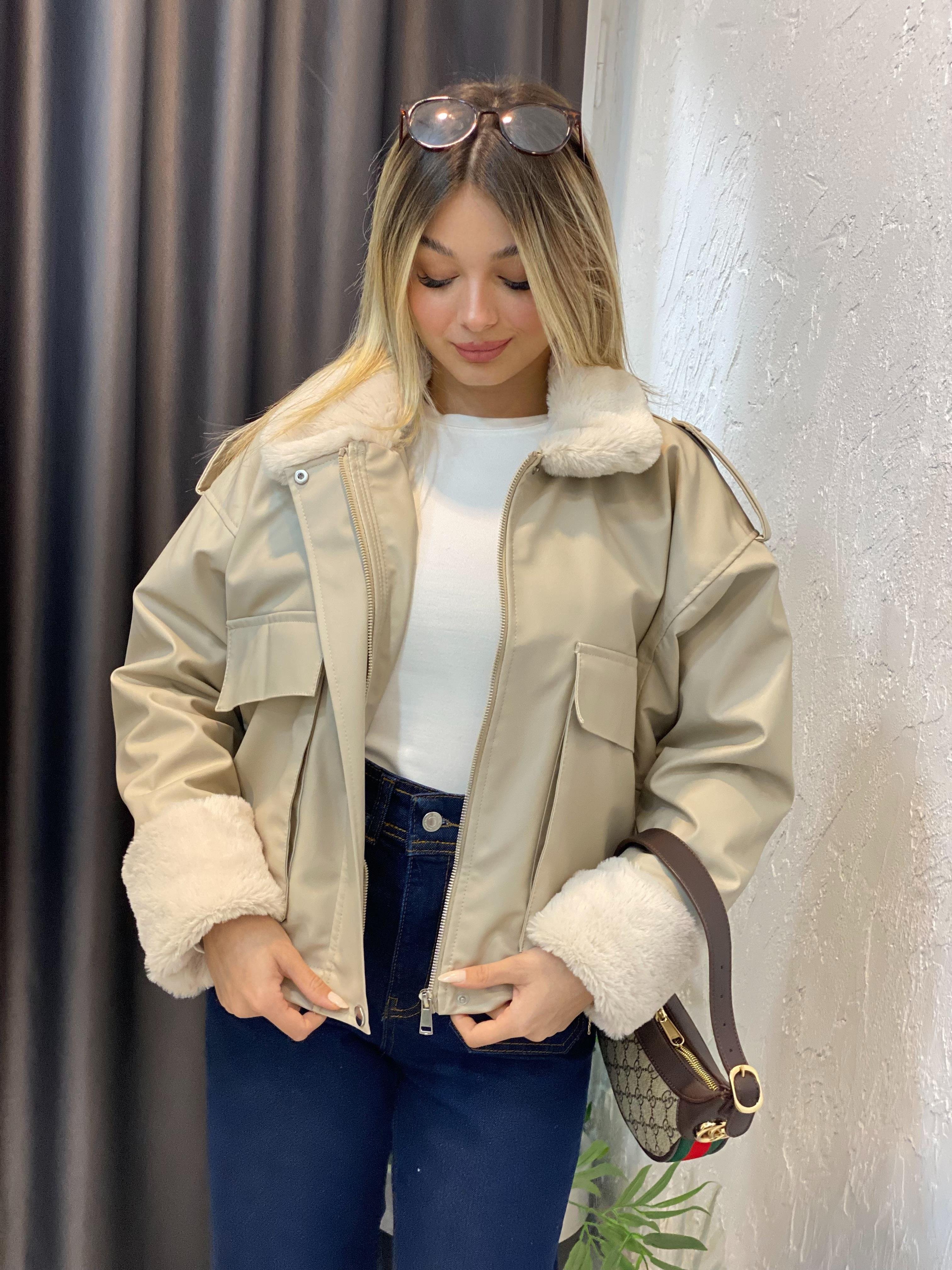 Bej İçi Full Kürklü Deri Mont 