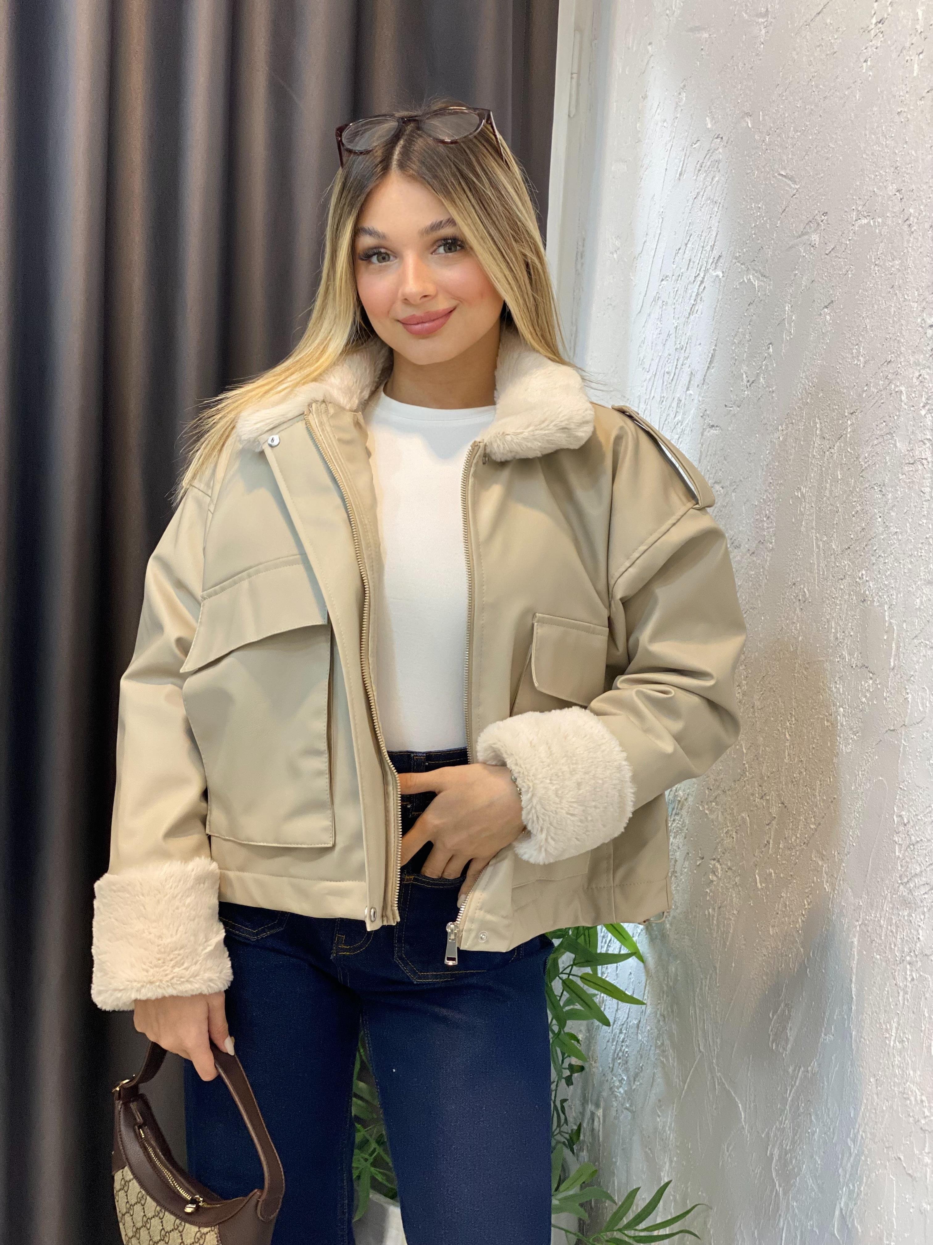 Bej İçi Full Kürklü Deri Mont 