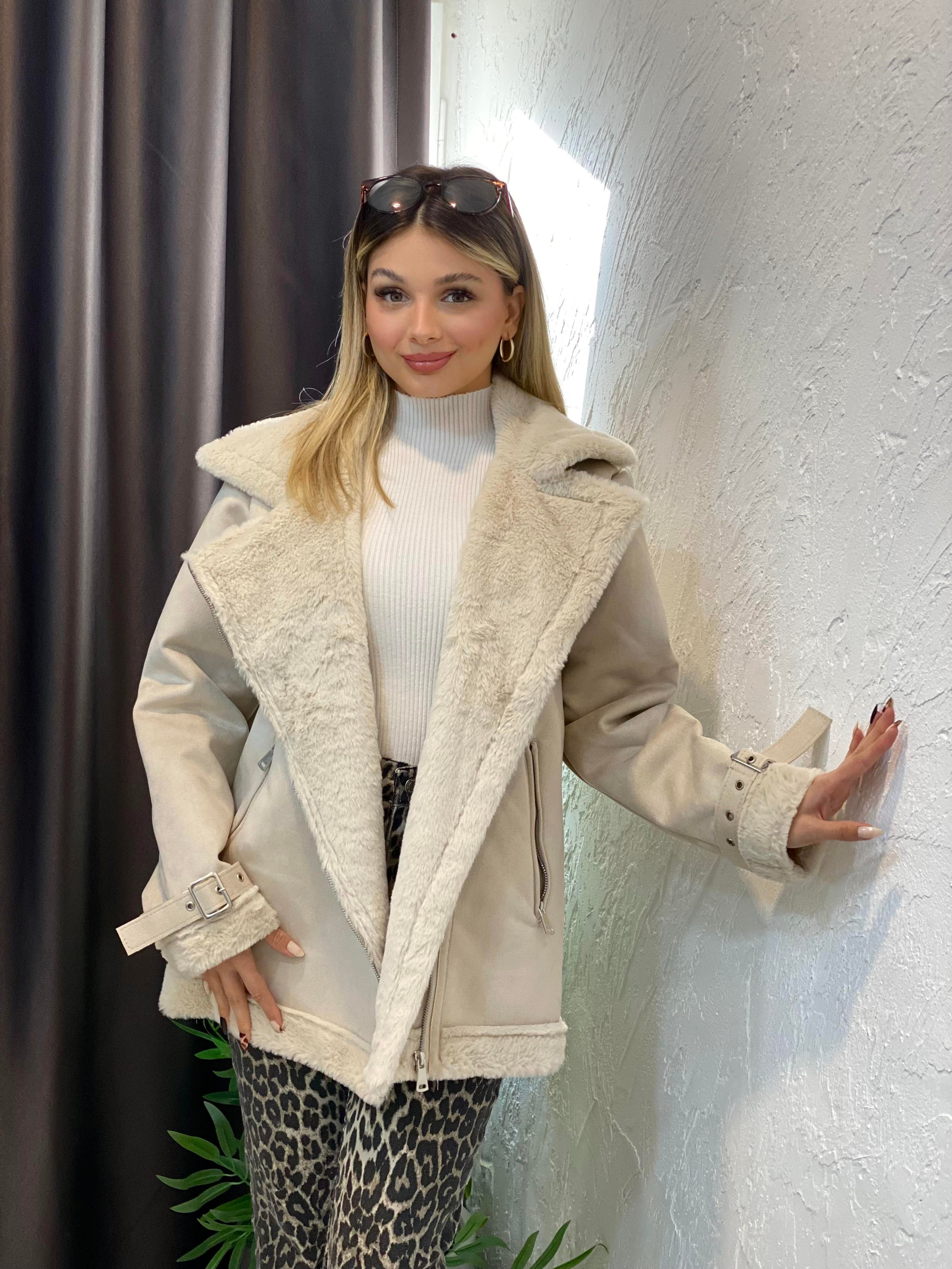 Bej İçi Kürklü Biker Mont