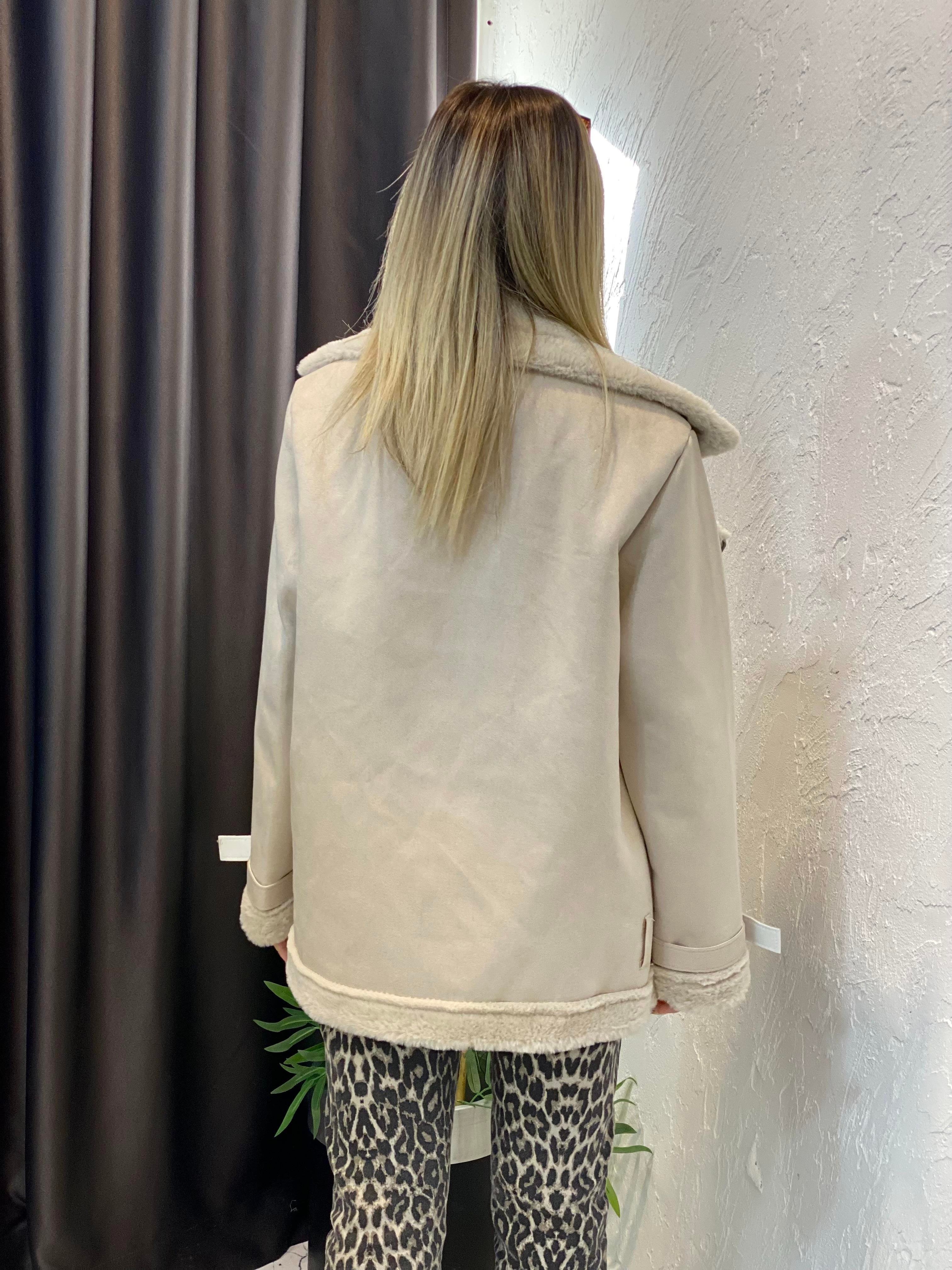 Bej İçi Kürklü Biker Mont