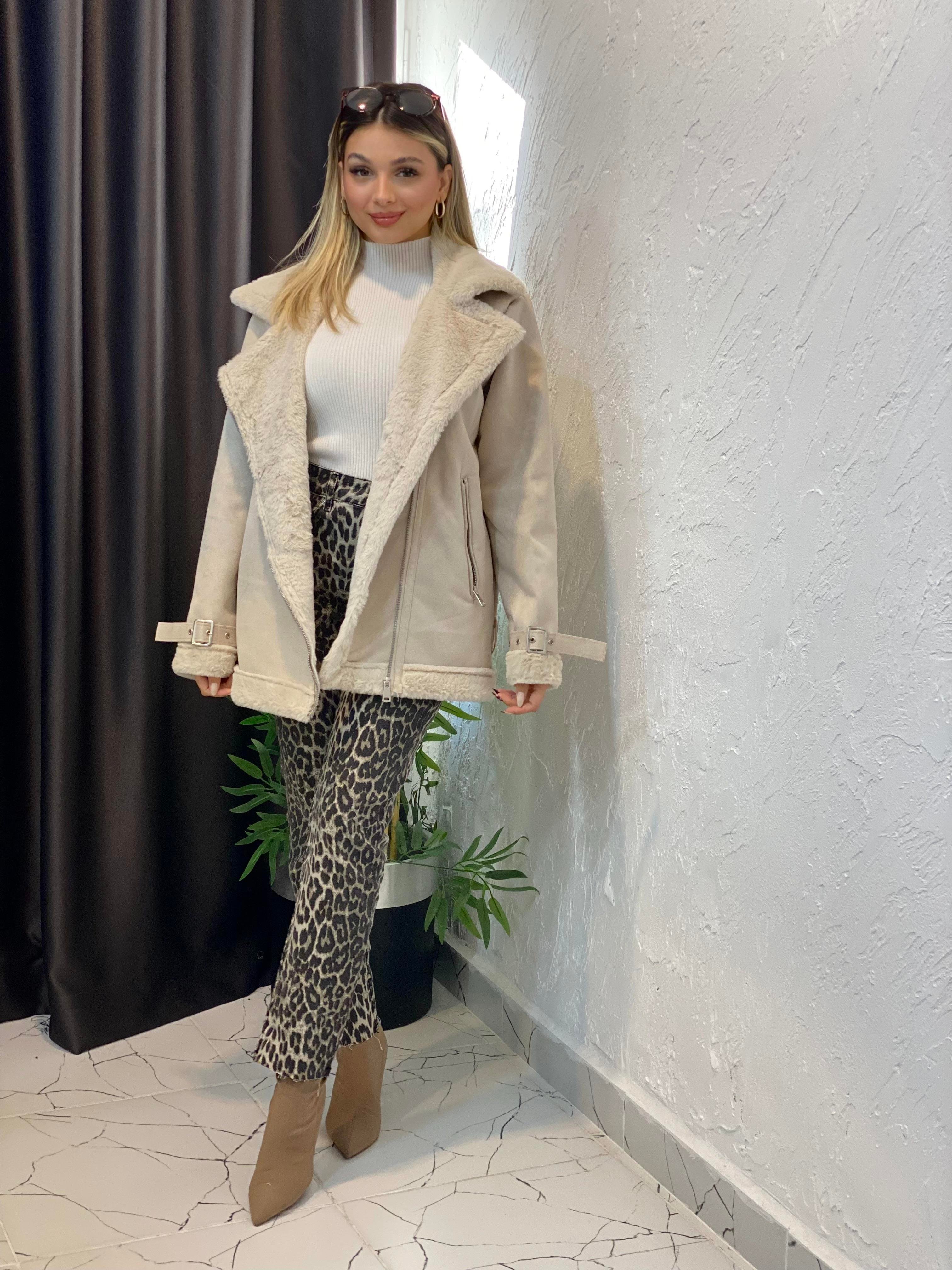 Bej İçi Kürklü Biker Mont