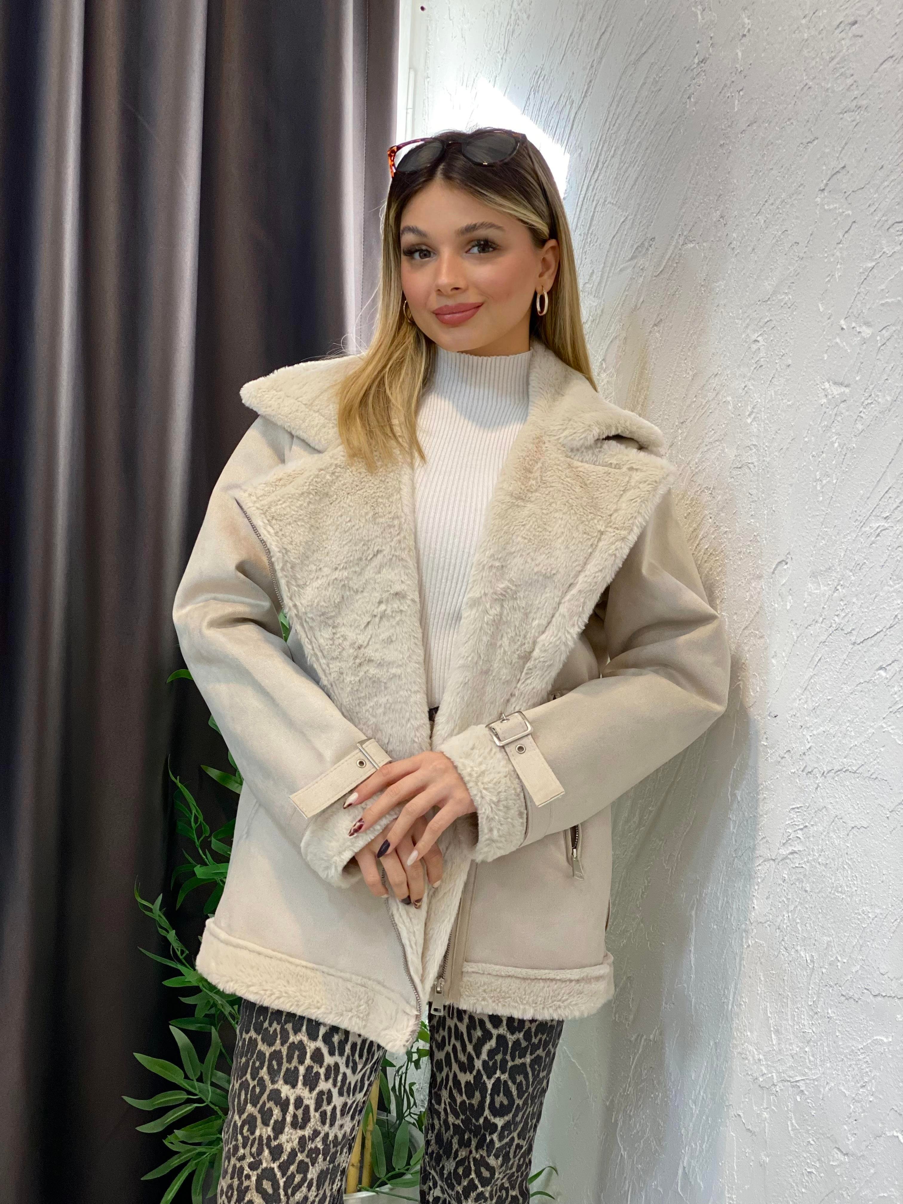 Bej İçi Kürklü Biker Mont